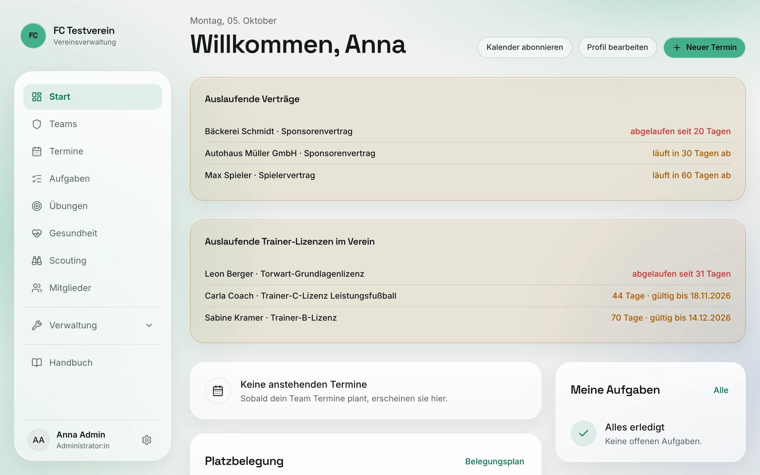 Startseite eines Vereins-Admins mit Navigation und Verwaltungsbereich