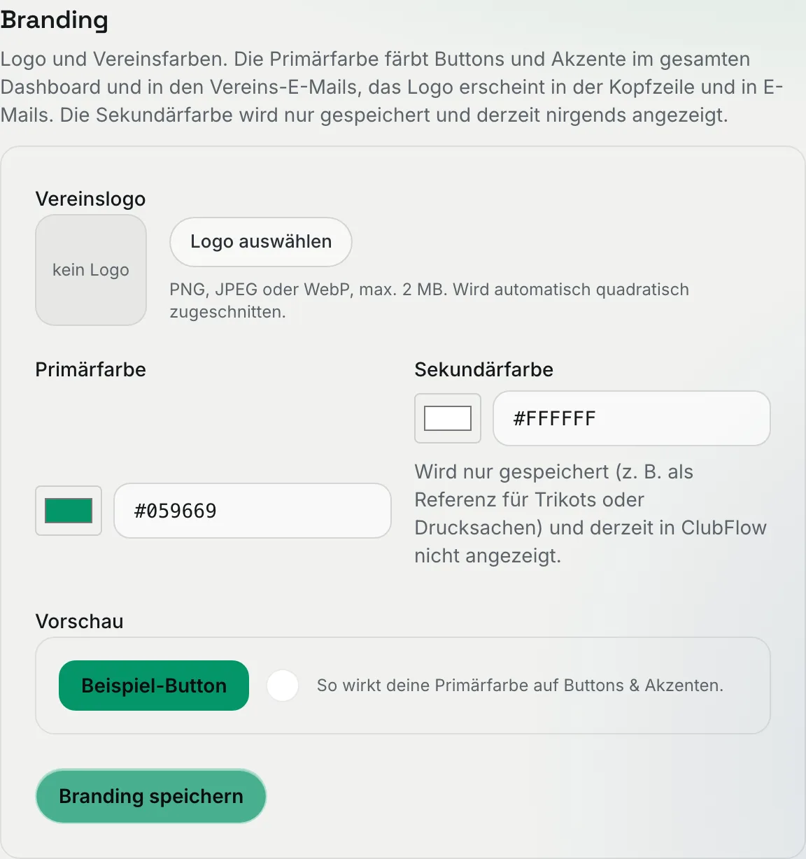 Abschnitt „Branding“ mit Vereinslogo, Primärfarbe, Sekundärfarbe und Vorschau