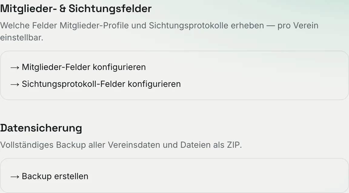 Abschnitte „Mitglieder- & Sichtungsfelder“ und „Datensicherung“ mit ihren Links