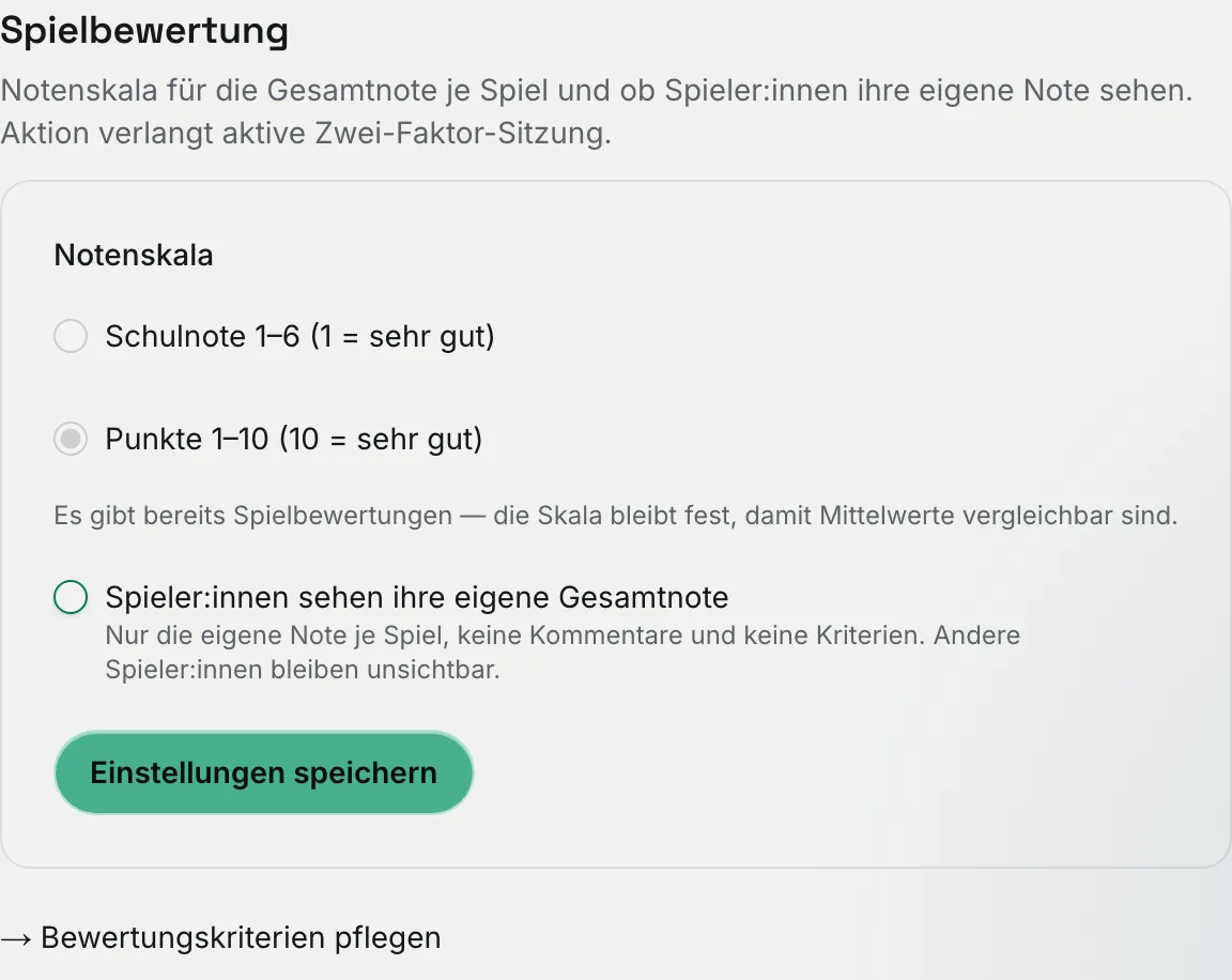 Abschnitt „Spielbewertung“ mit Notenskala und Sichtbarkeit der eigenen Note