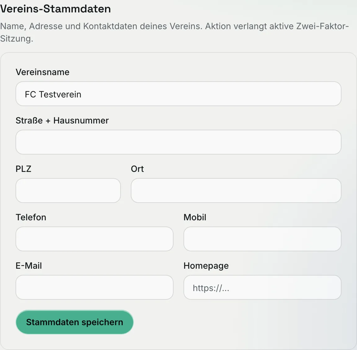 Abschnitt „Vereins-Stammdaten“ mit Vereinsname, Adresse, Telefon, Mobil, E-Mail und Homepage