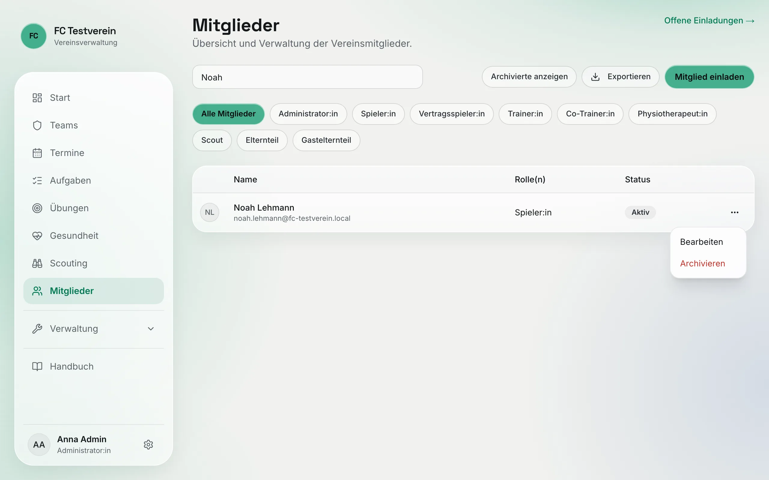 Aktionsmenü einer Zeile in der Mitgliederliste mit „Bearbeiten“ und „Archivieren“
