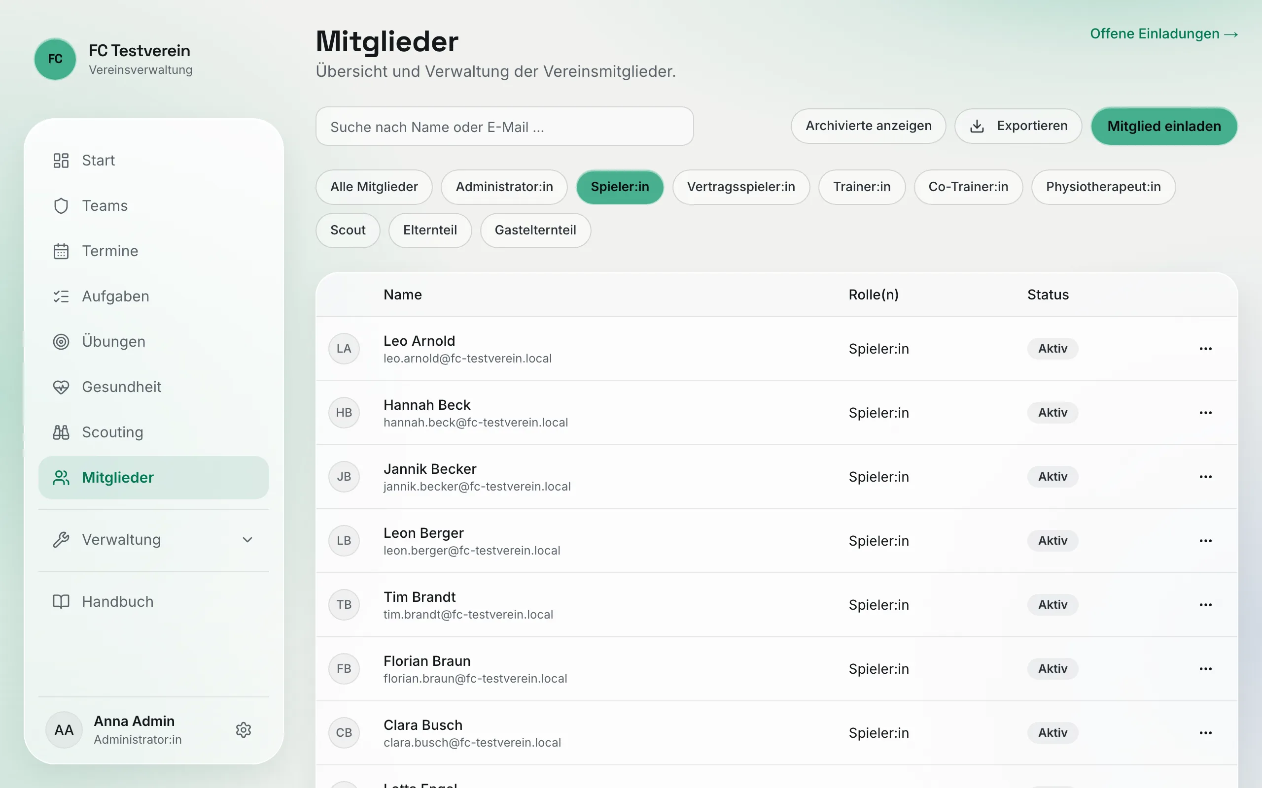 Mitgliederliste, gefiltert auf die Rolle Spieler:in