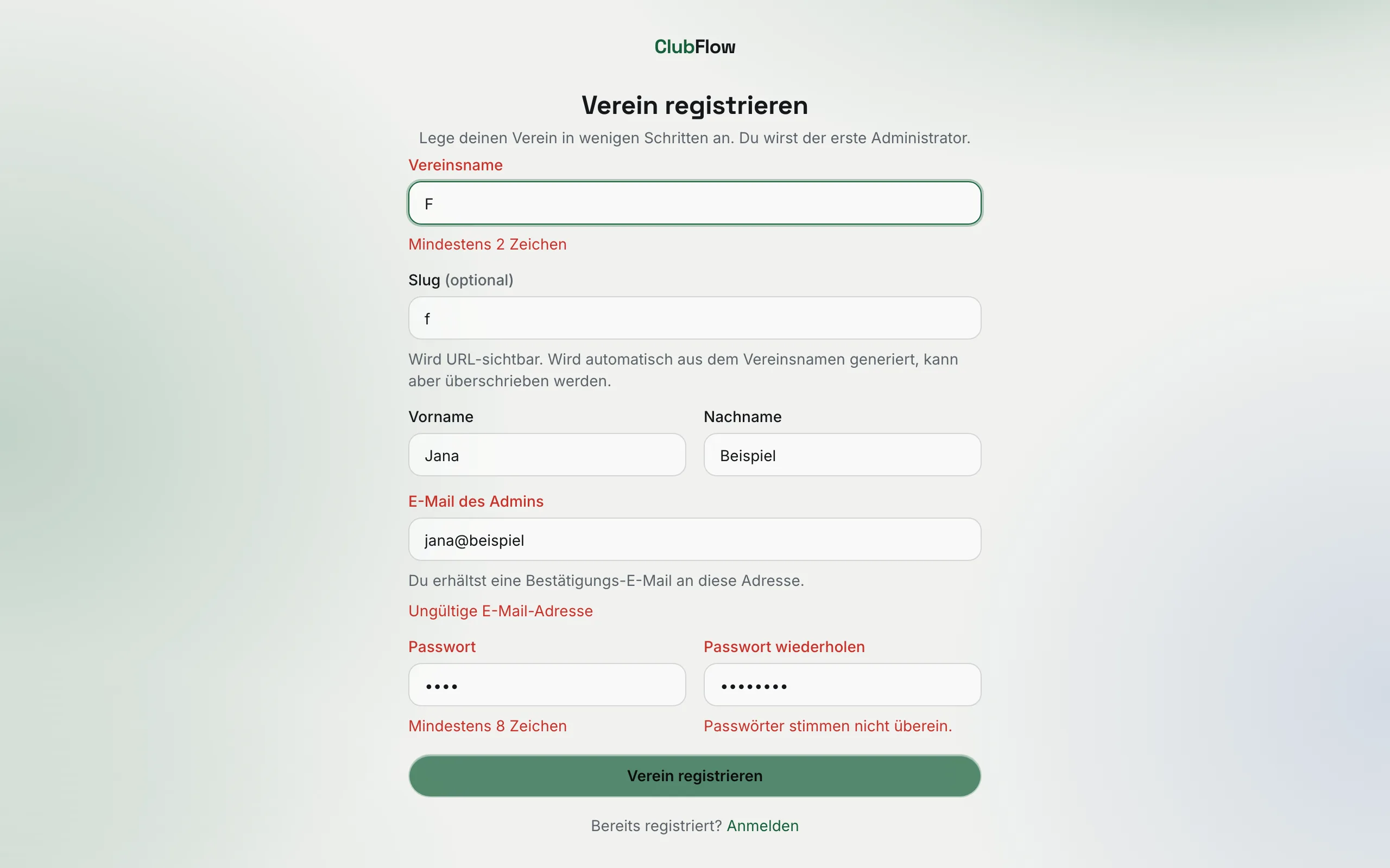 Registrierungsformular mit den Fehlermeldungen „Mindestens 2 Zeichen“, „Ungültige E-Mail-Adresse“, „Mindestens 8 Zeichen“ und „Passwörter stimmen nicht überein.“