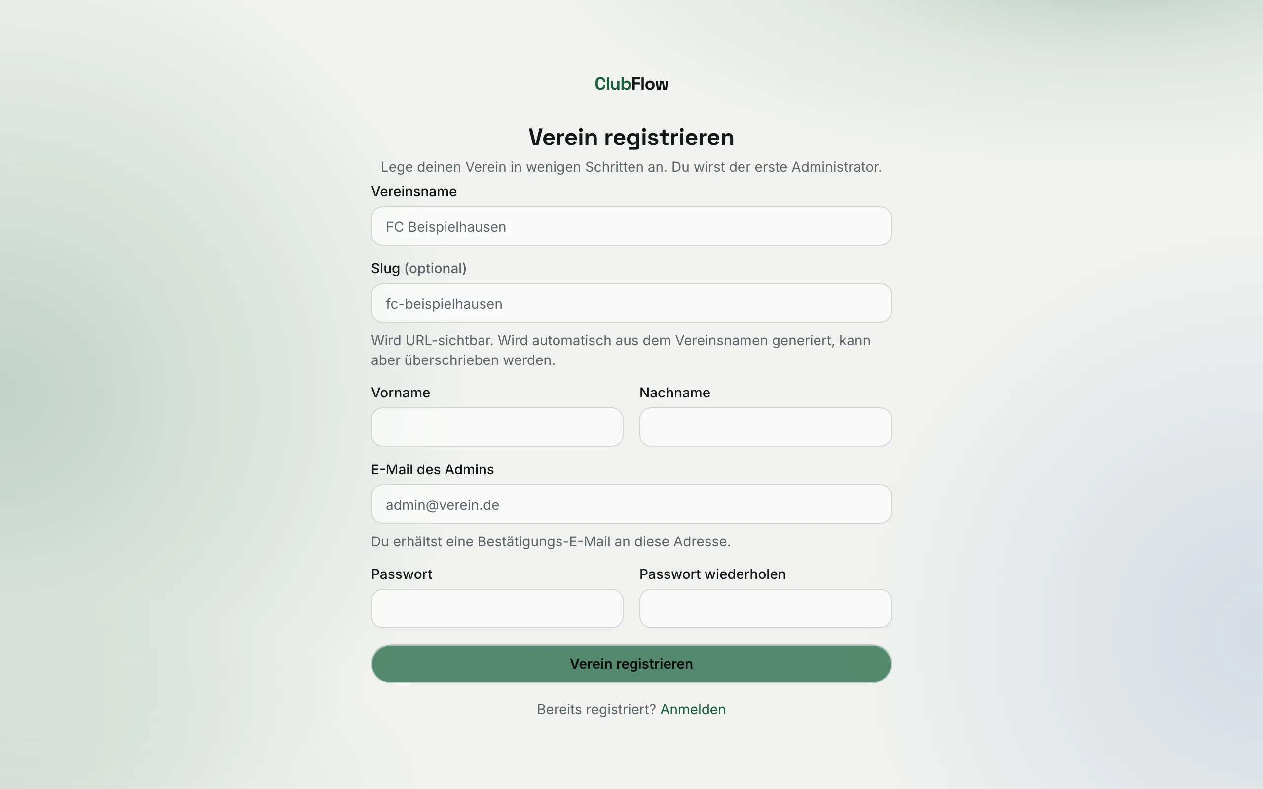 Formular „Verein registrieren“ mit Vereinsname, Slug, Name, E-Mail und Passwort