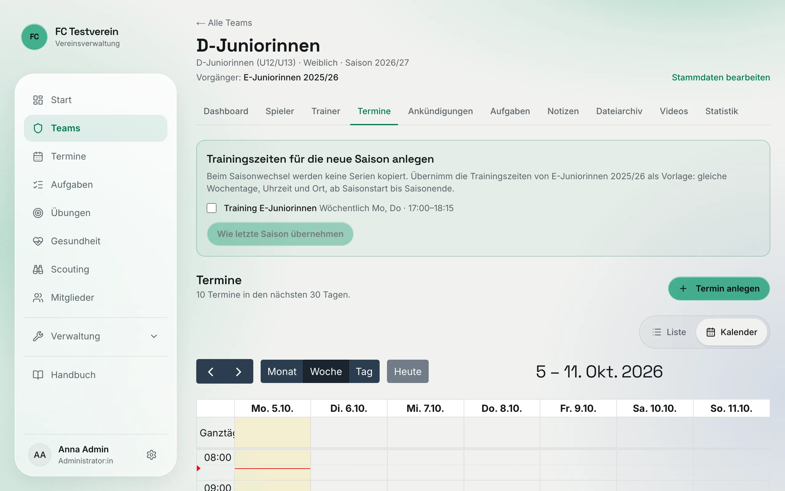 Karte „Trainingszeiten wie letzte Saison übernehmen“ im Termine-Reiter
