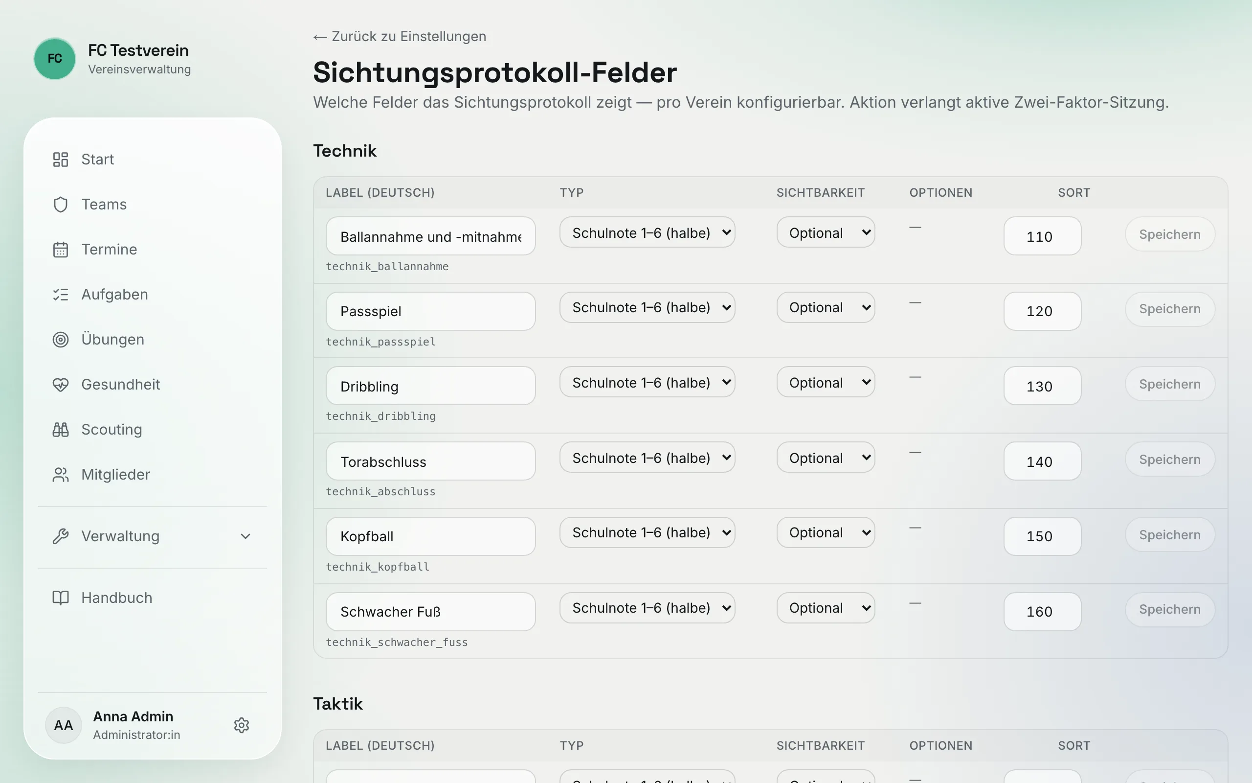 Seite „Sichtungsprotokoll-Felder“ mit den Feldgruppen Technik, Taktik und weiteren