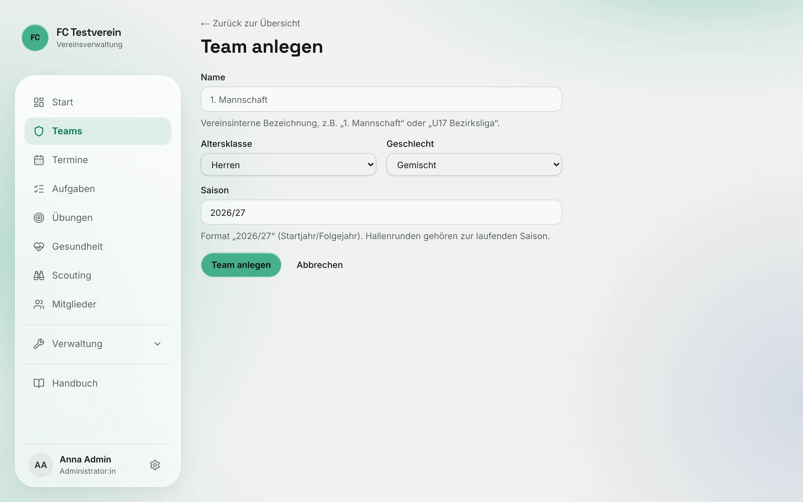 Formular „Team anlegen“ mit Name, Altersklasse, Geschlecht und Saison