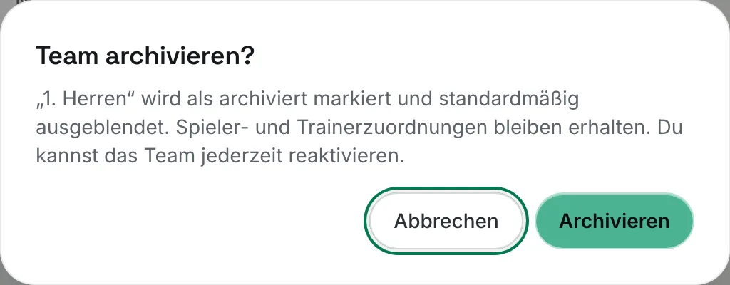 Rückfrage „Team archivieren?“ mit dem Hinweis, dass Zuordnungen erhalten bleiben
