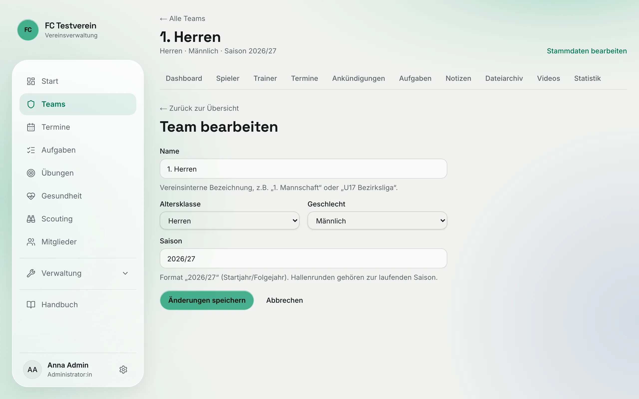Formular „Team bearbeiten“ für die 1. Herren