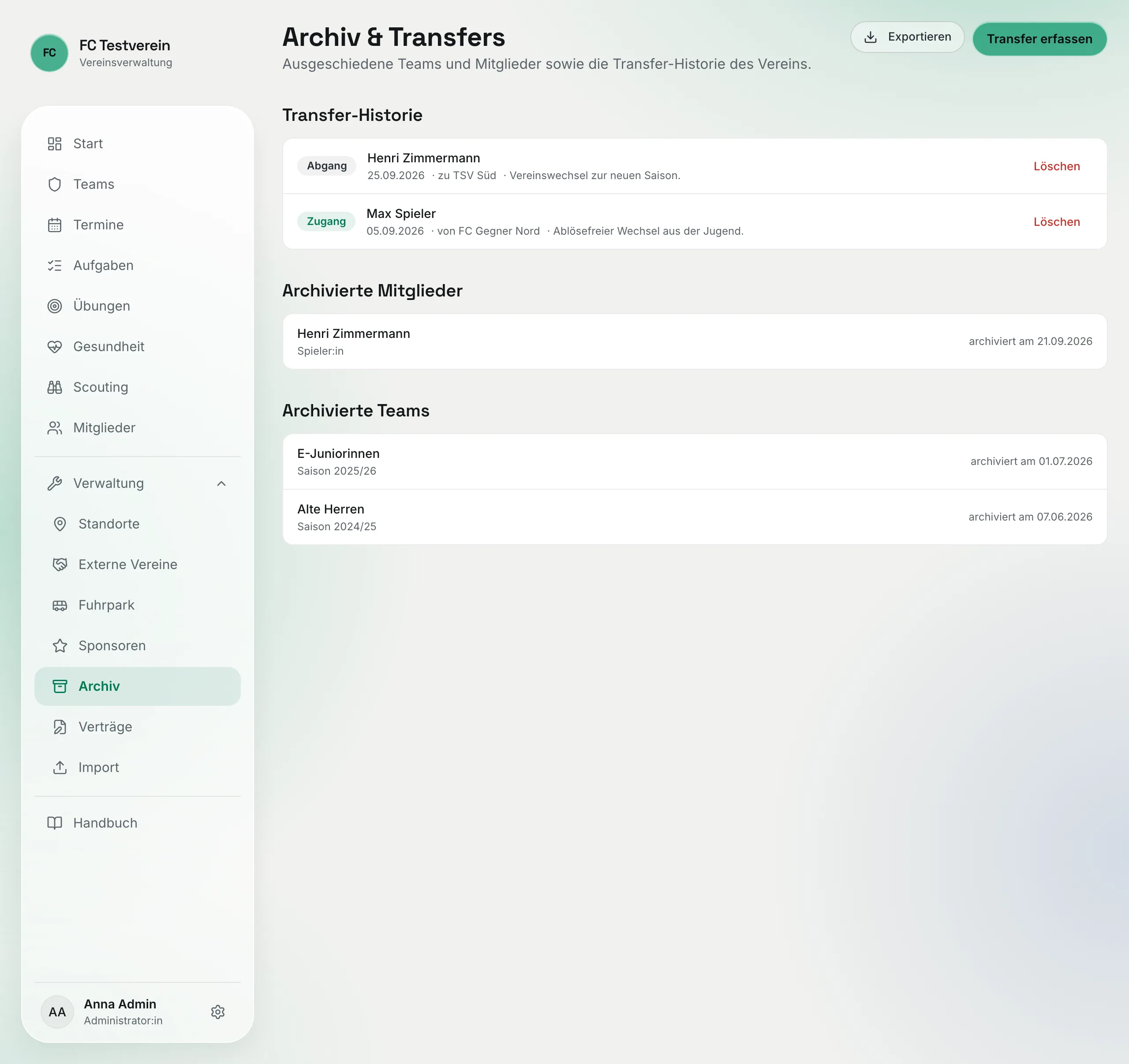 Seite „Archiv & Transfers" mit den Abschnitten Transfer-Historie (Zugang und Abgang), Archivierte Mitglieder und Archivierte Teams
