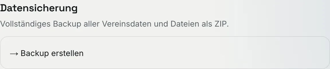 Abschnitt „Datensicherung" in den Einstellungen mit dem Link „→ Backup erstellen"