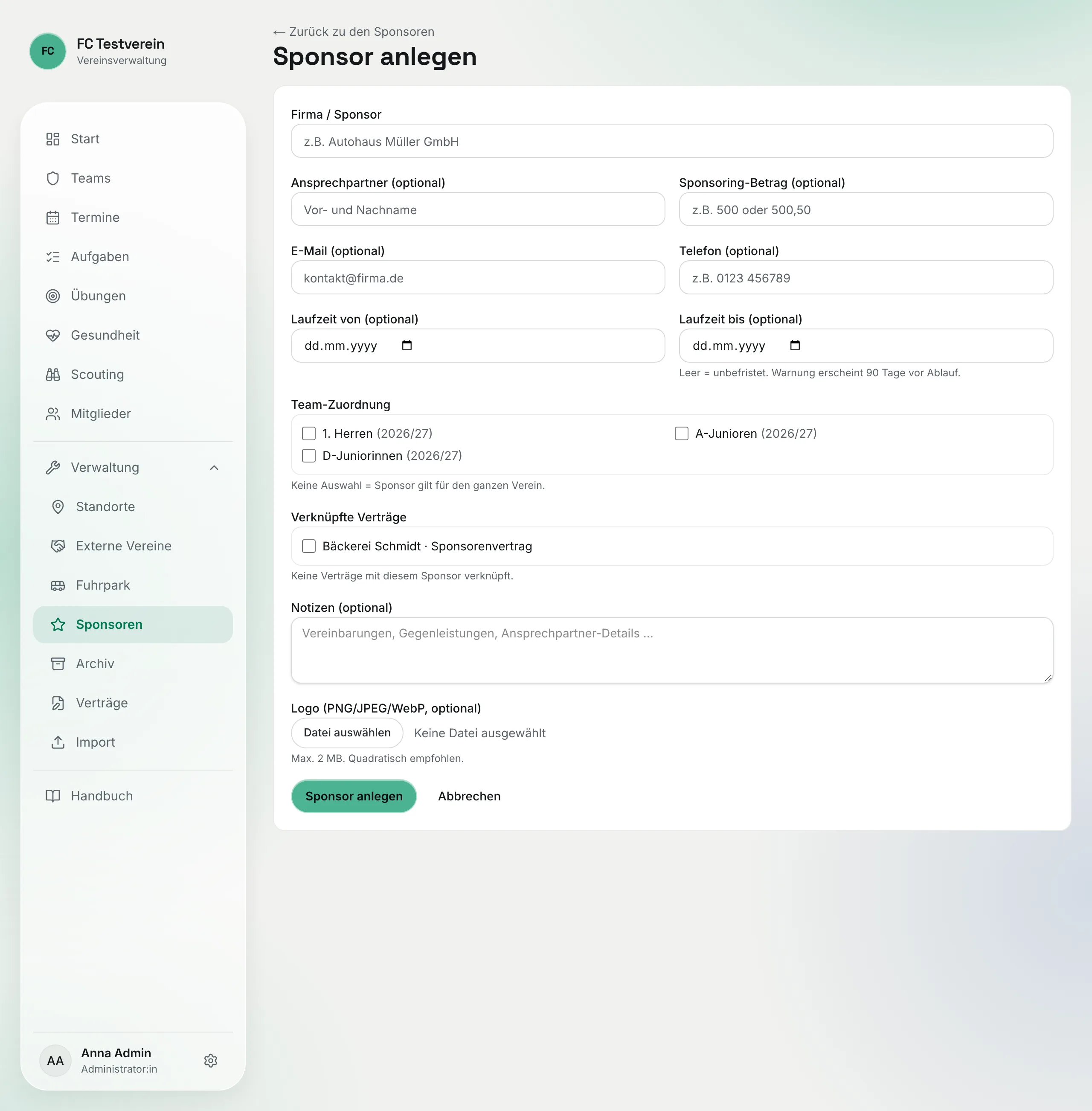 Formular „Sponsor anlegen" mit Firma, Ansprechpartner, Betrag, E-Mail, Telefon, Laufzeit, Team-Zuordnung, verknüpften Verträgen, Notizen und Logo-Upload