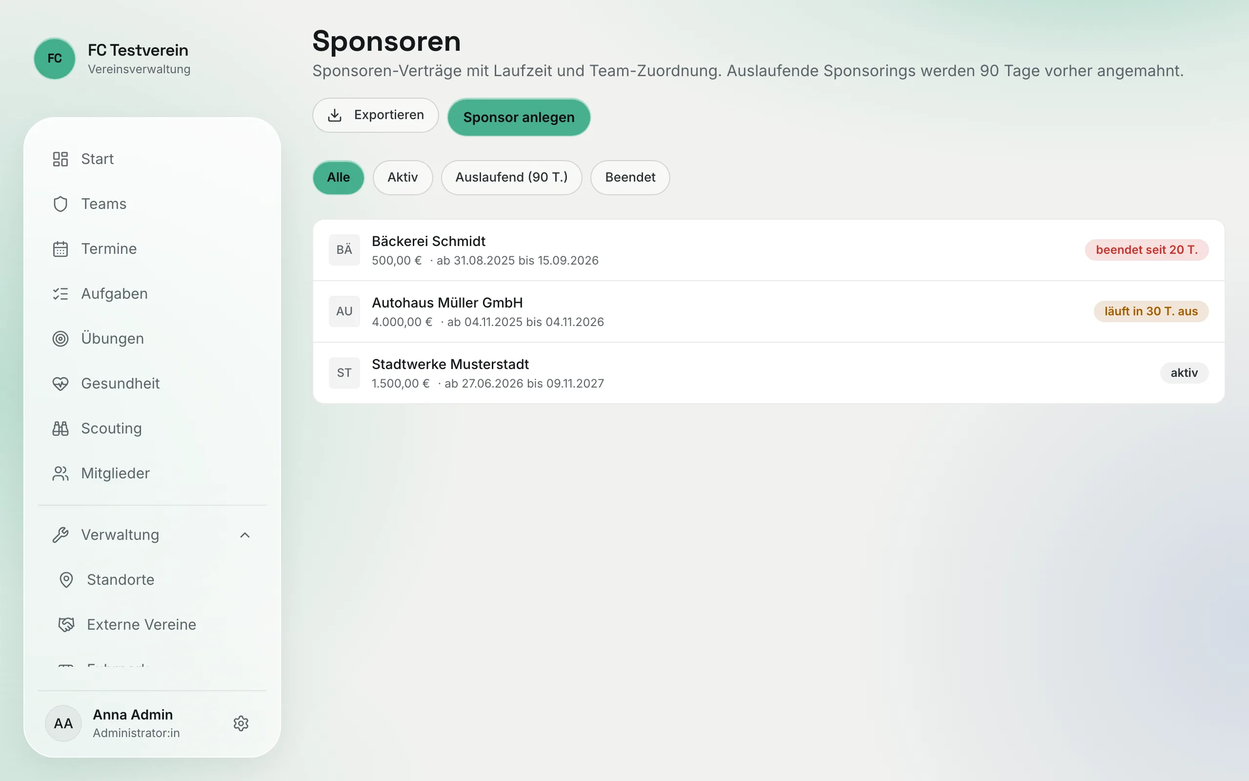 Seite „Sponsoren" mit Filtern Alle, Aktiv, Auslaufend (90 T.) und Beendet und der Liste der Sponsoren mit Betrag, Laufzeit und Status