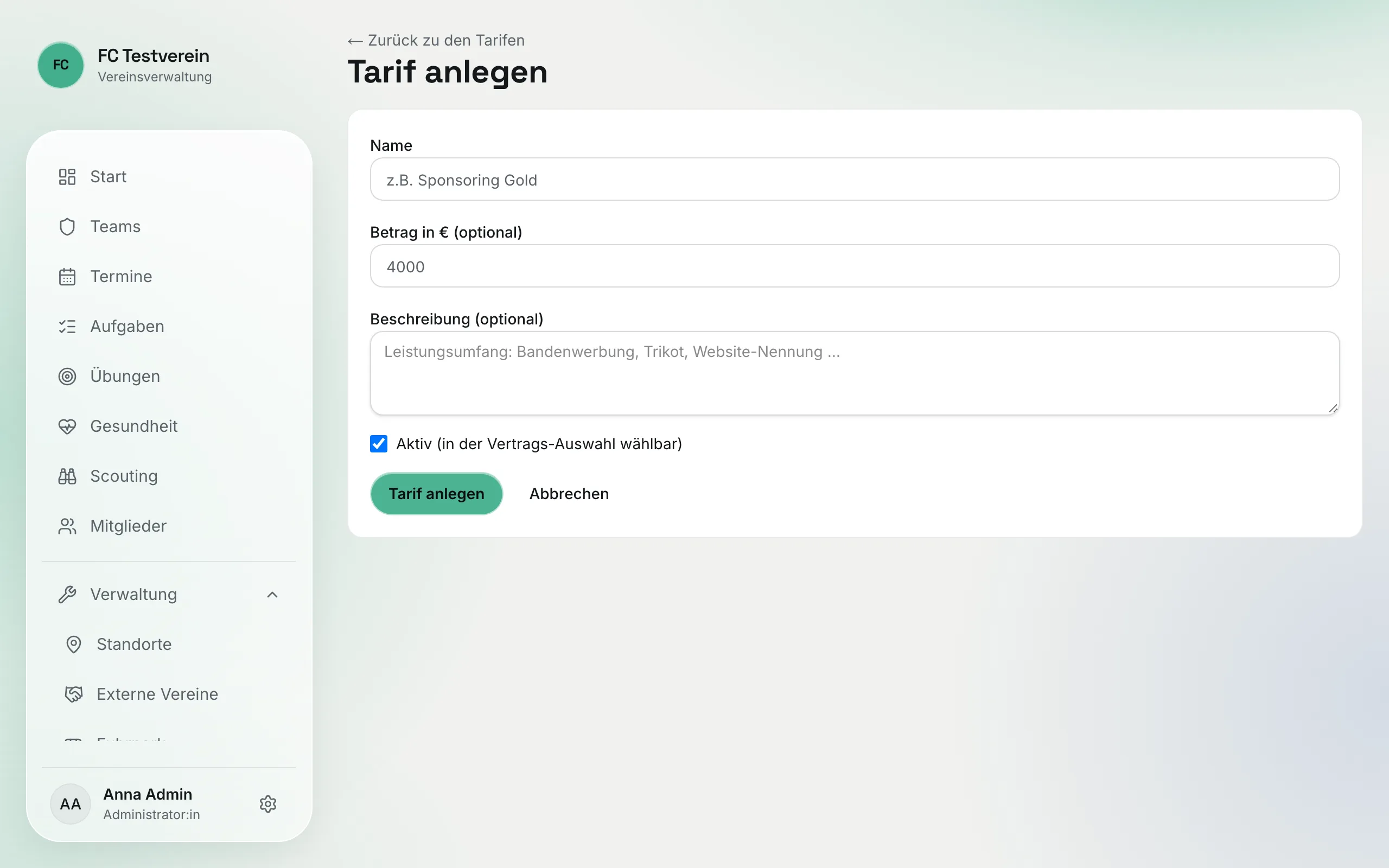Formular „Tarif anlegen" mit Name, Betrag in €, Beschreibung und dem Häkchen „Aktiv"