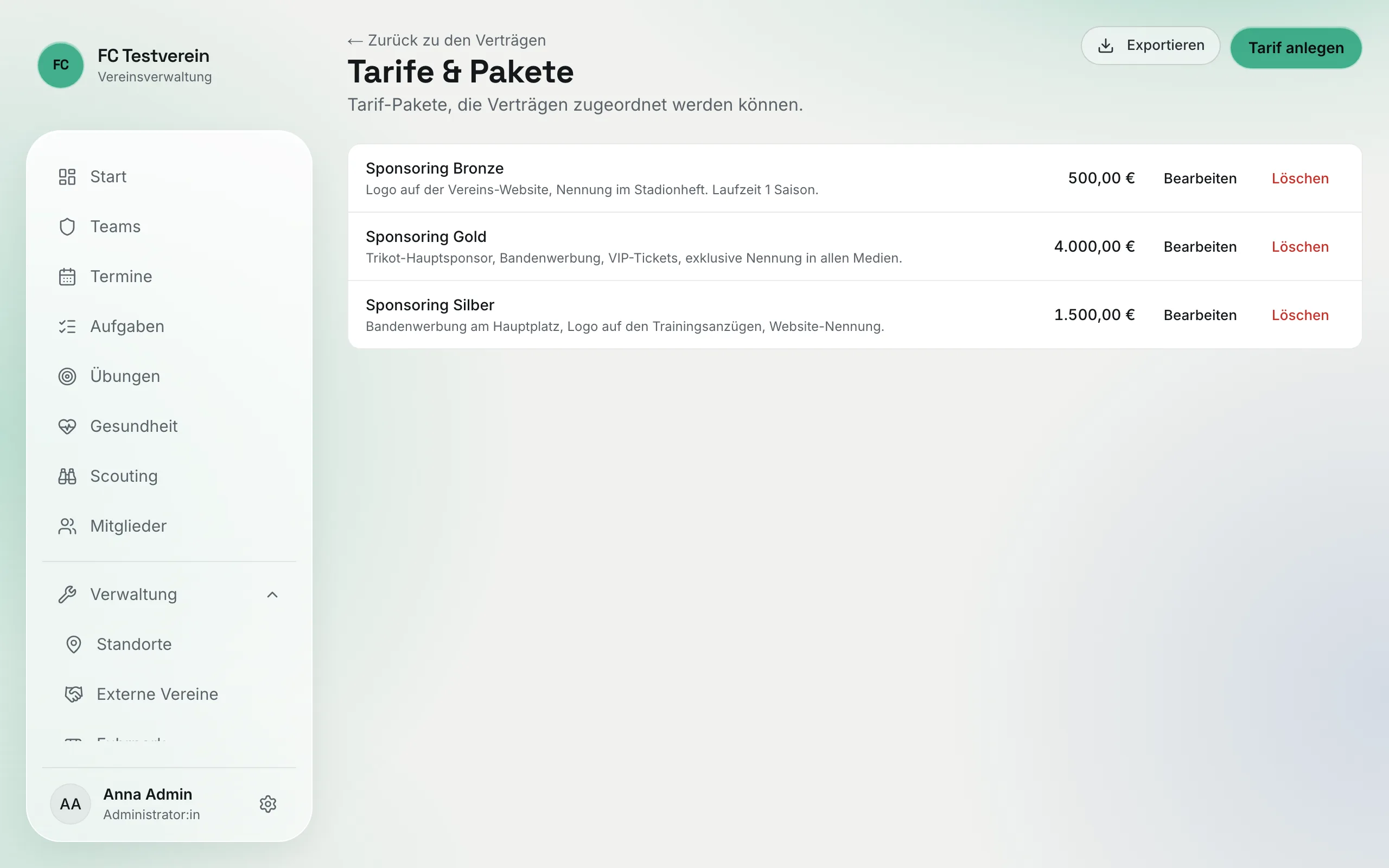 Seite „Tarife & Pakete" mit den Tarifen Sponsoring Bronze, Silber und Gold, jeweils mit Betrag und den Buttons Bearbeiten und Löschen