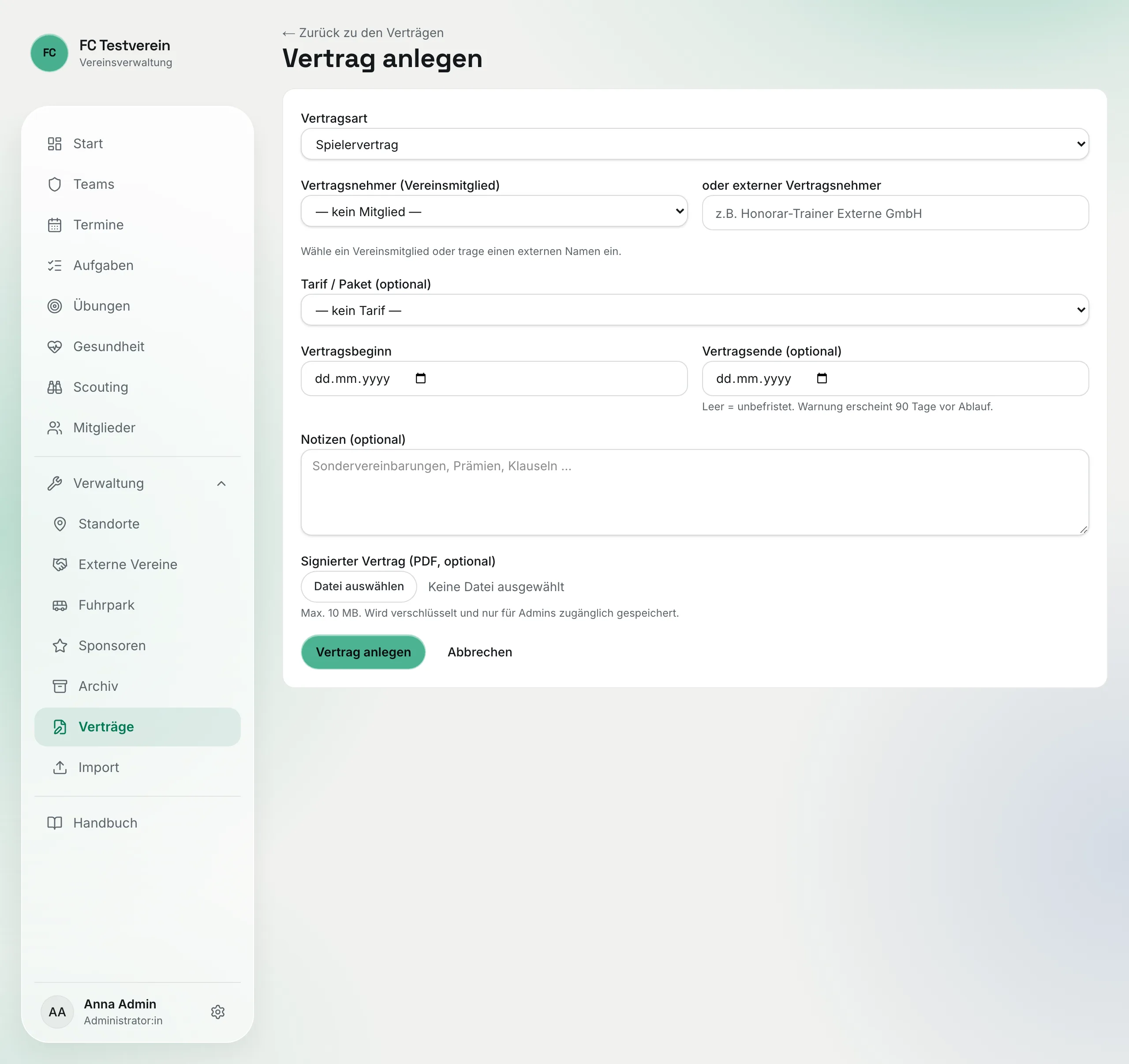 Formular „Vertrag anlegen" mit Vertragsart, Vertragsnehmer, externem Vertragsnehmer, Tarif, Vertragsbeginn, Vertragsende, Notizen und Datei-Upload