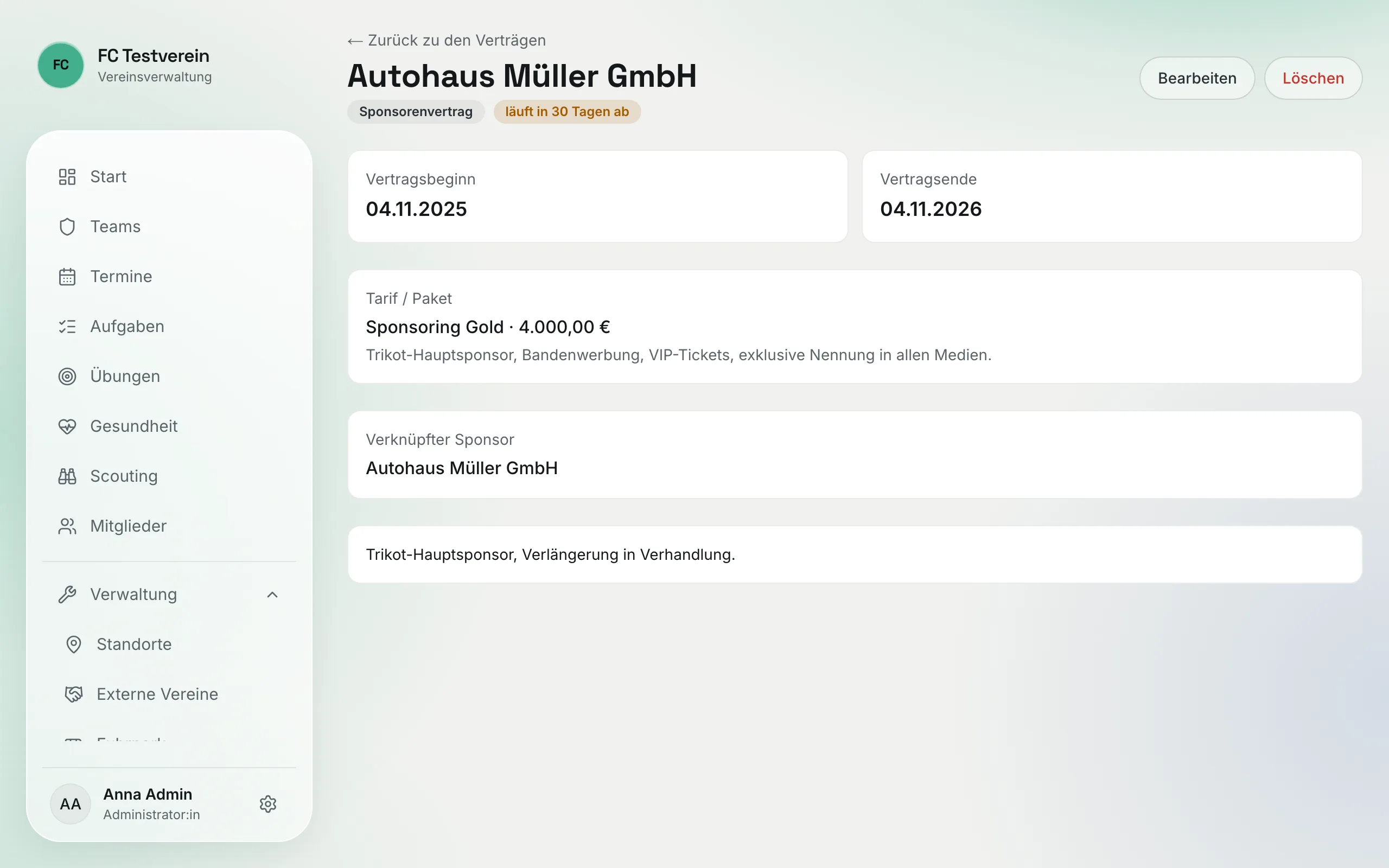Detailseite eines Sponsorenvertrags mit Vertragsbeginn, Vertragsende, Tarif / Paket „Sponsoring Gold", verknüpftem Sponsor, Notiz und den Buttons Bearbeiten und Löschen