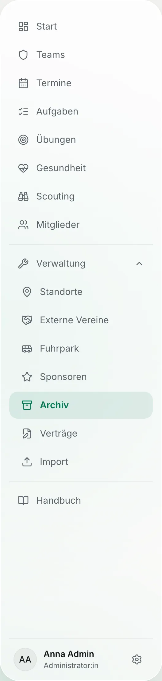 Seitenleiste eines Admins mit aufgeklappter Gruppe „Verwaltung": Standorte, Fuhrpark, Sponsoren, Archiv, Verträge, Import