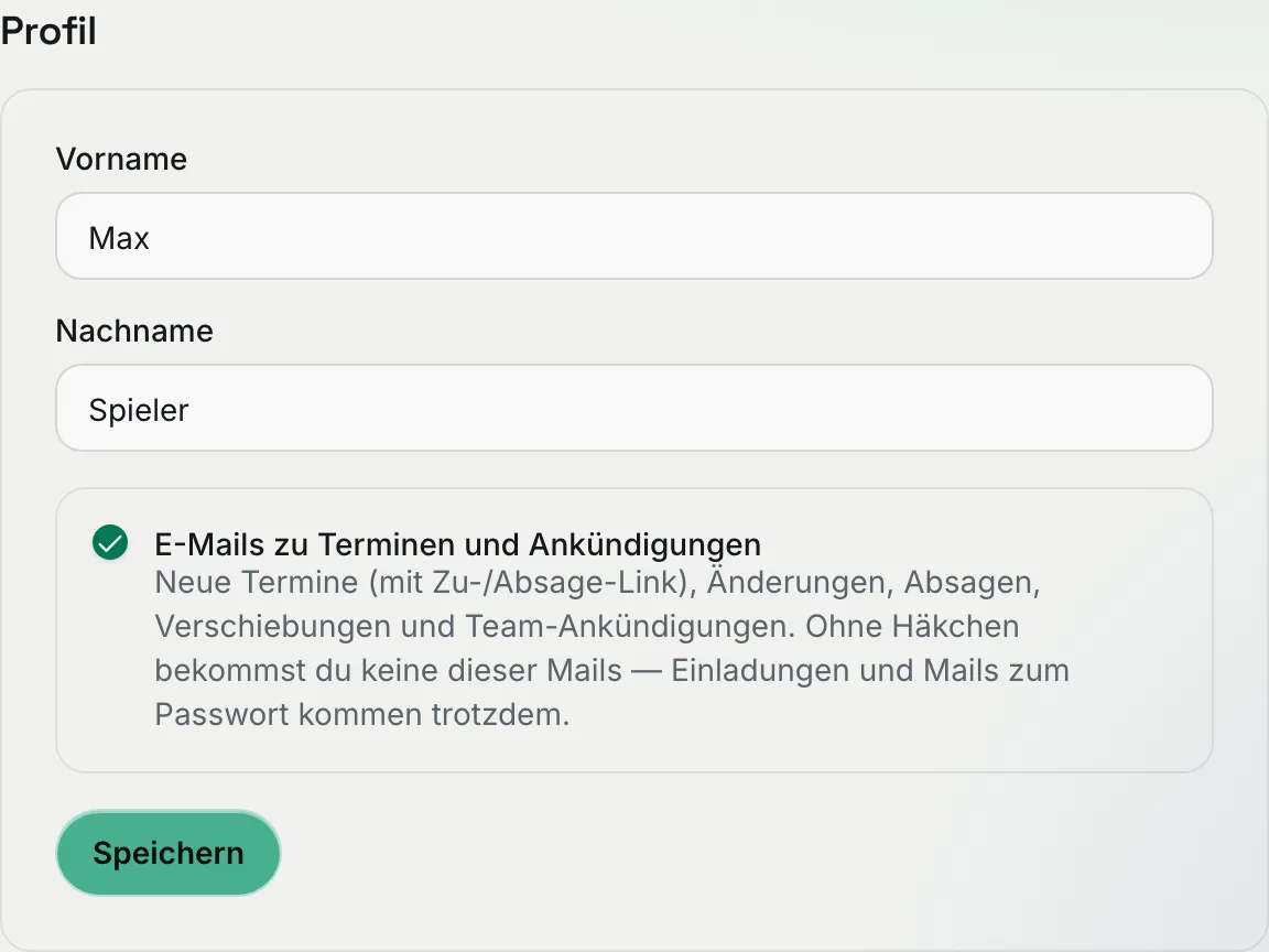 Abschnitt „Profil“ in den Einstellungen mit dem Häkchen „E-Mails zu Terminen und Ankündigungen“ und dem Button „Speichern“