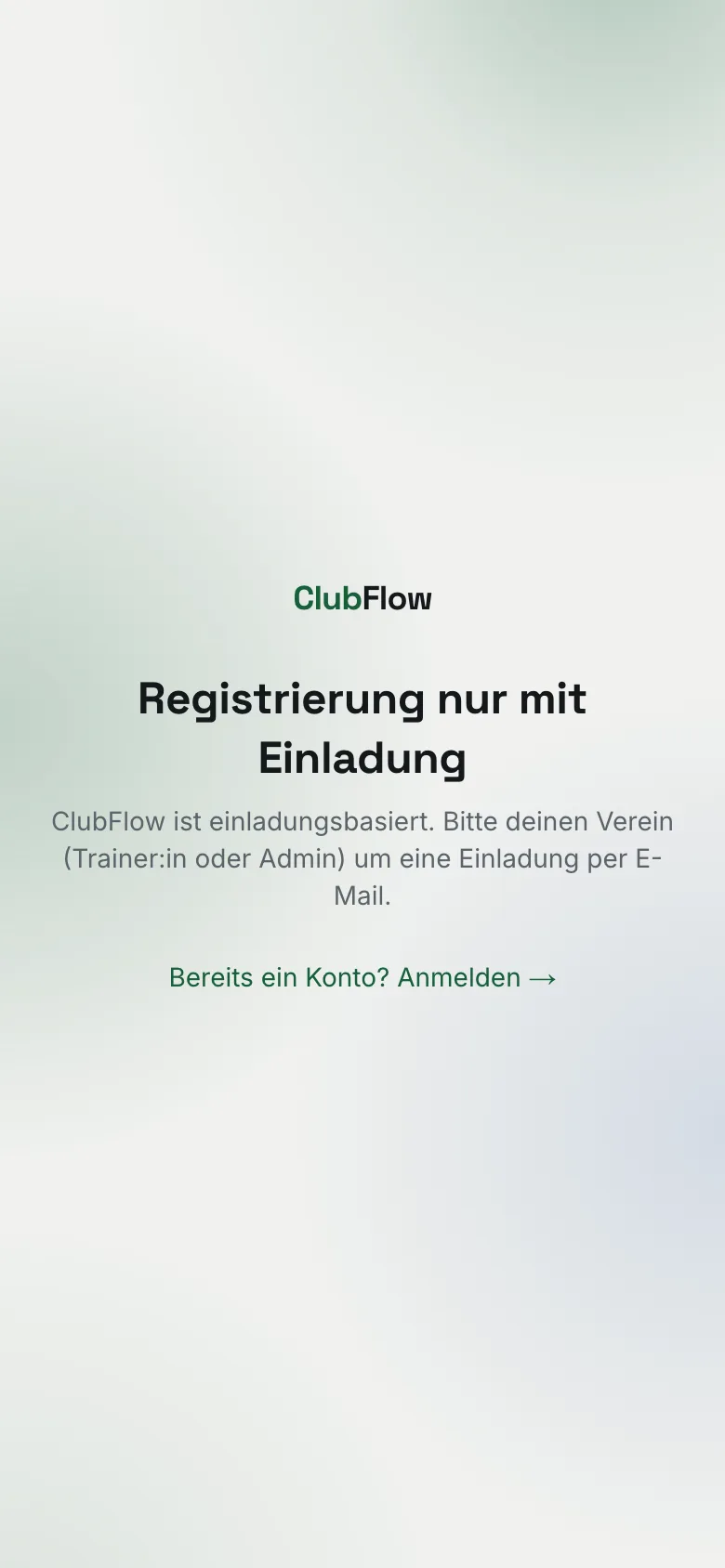 Hinweisseite „Registrierung nur mit Einladung“ am Handy