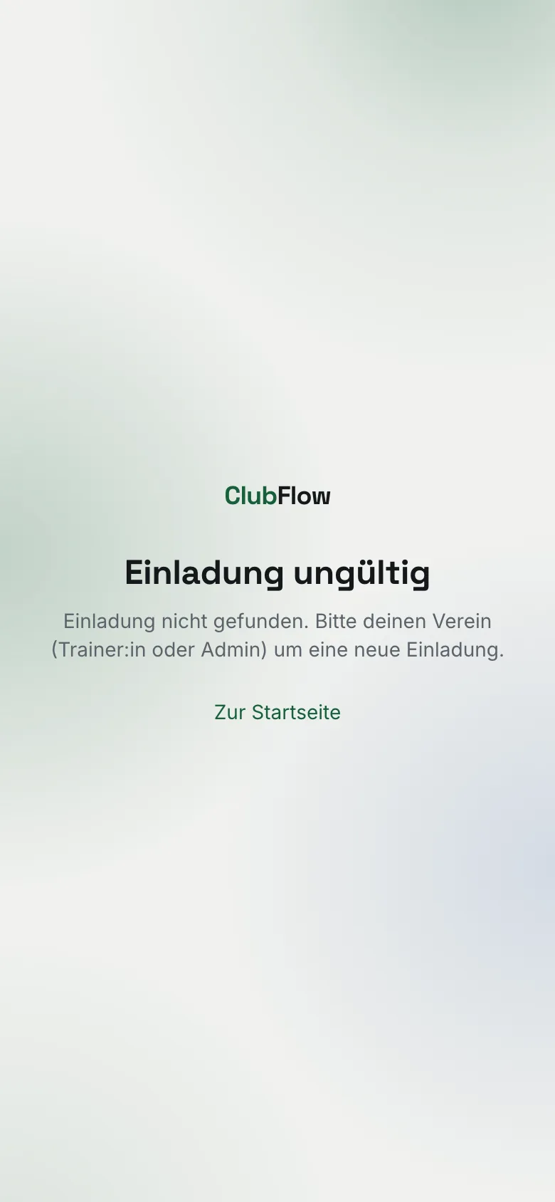 Hinweisseite „Einladung ungültig“ am Handy mit dem Link „Zur Startseite“
