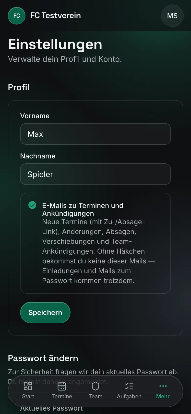 Einstellungen im dunklen Design am Handy