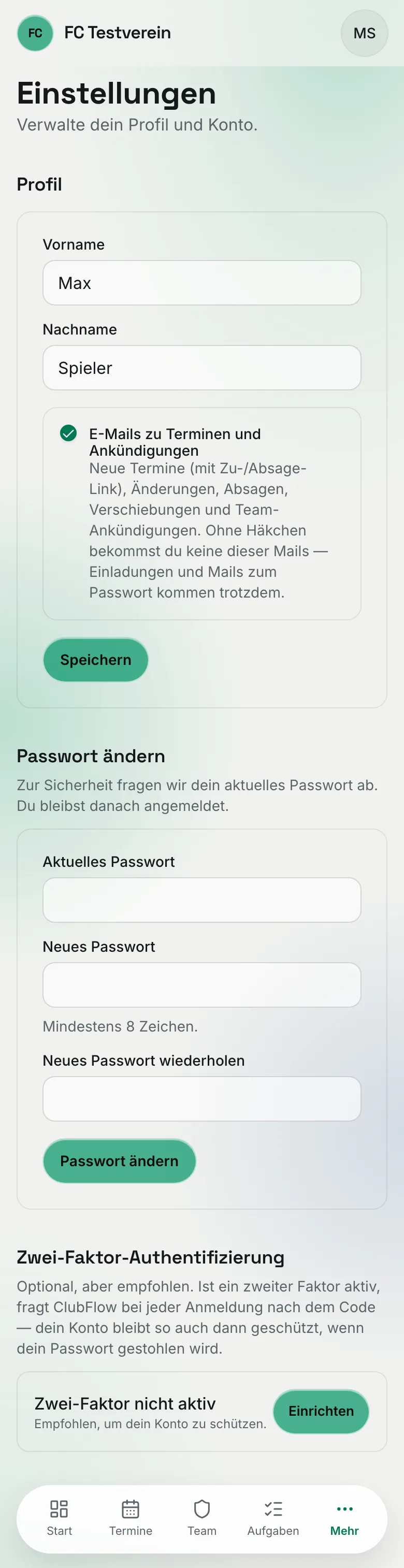 Einstellungen am Handy als Spieler: Abschnitte „Profil“, „Passwort ändern“ und „Zwei-Faktor-Authentifizierung“