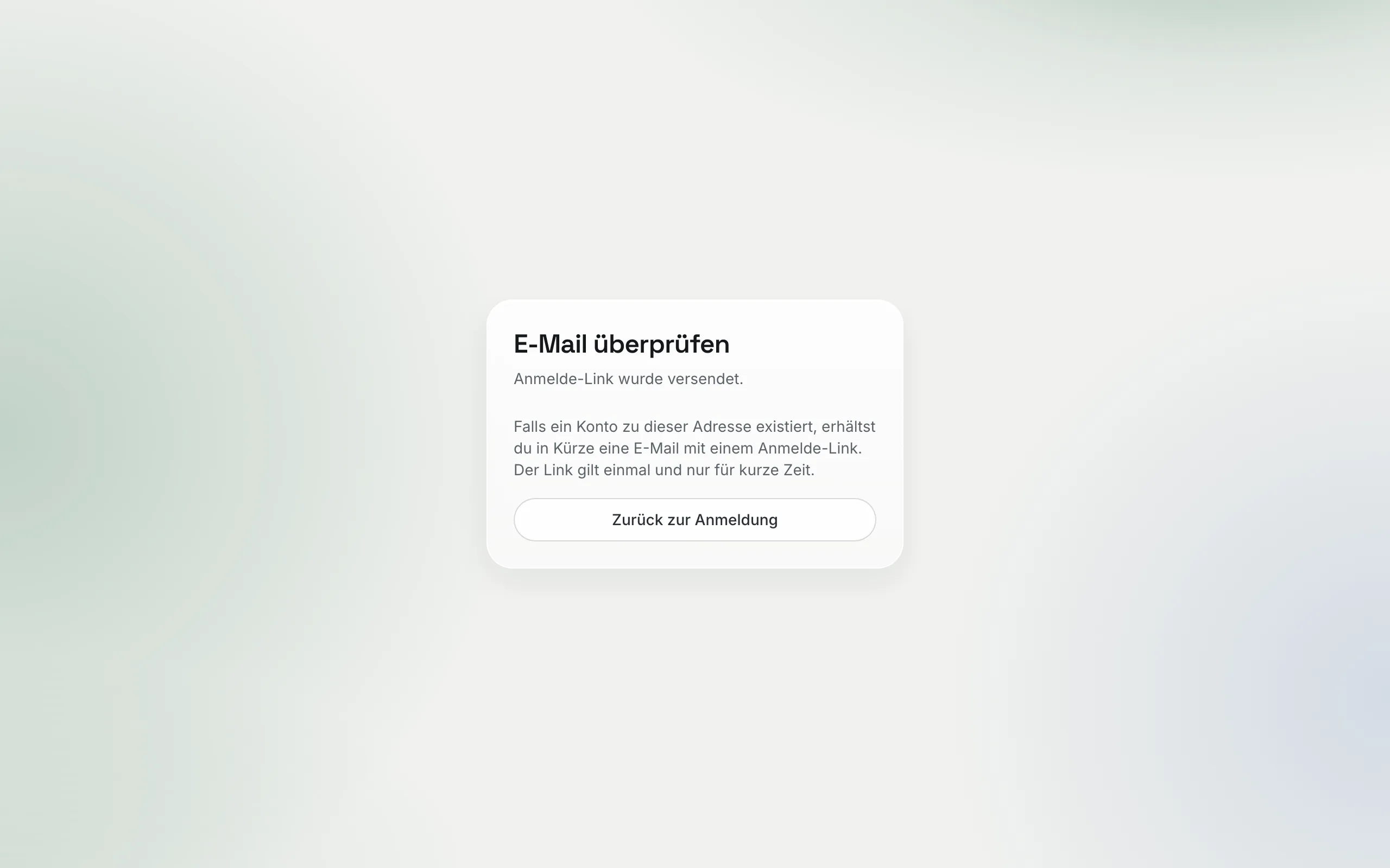 Bestätigung „E-Mail überprüfen“ nach dem Anfordern eines Anmelde-Links