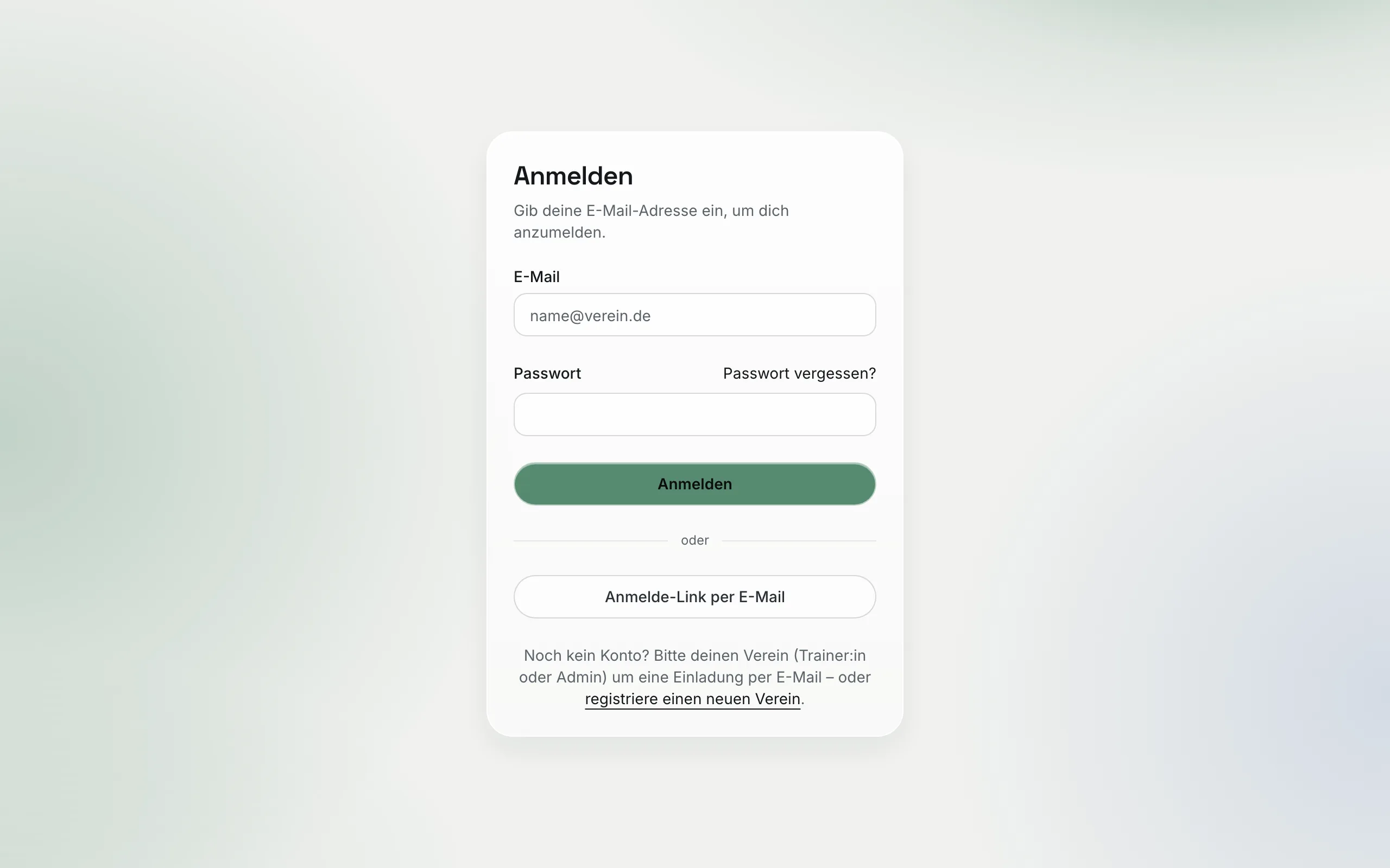 Anmeldeseite am Rechner mit den Feldern E-Mail und Passwort, dem Button „Anmelden“ und darunter „Anmelde-Link per E-Mail“