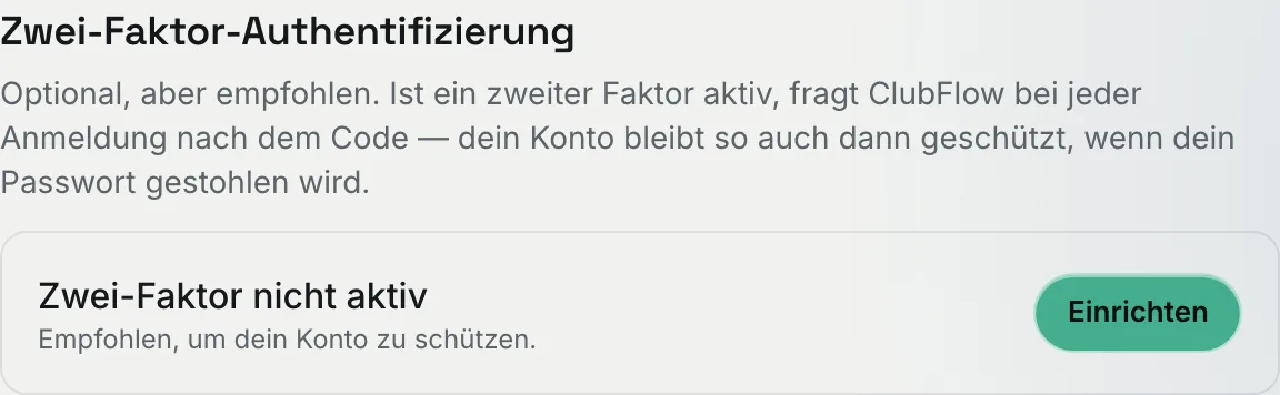 Abschnitt „Zwei-Faktor-Authentifizierung“ in den Einstellungen mit dem Status „Zwei-Faktor nicht aktiv“ und dem Button „Einrichten“