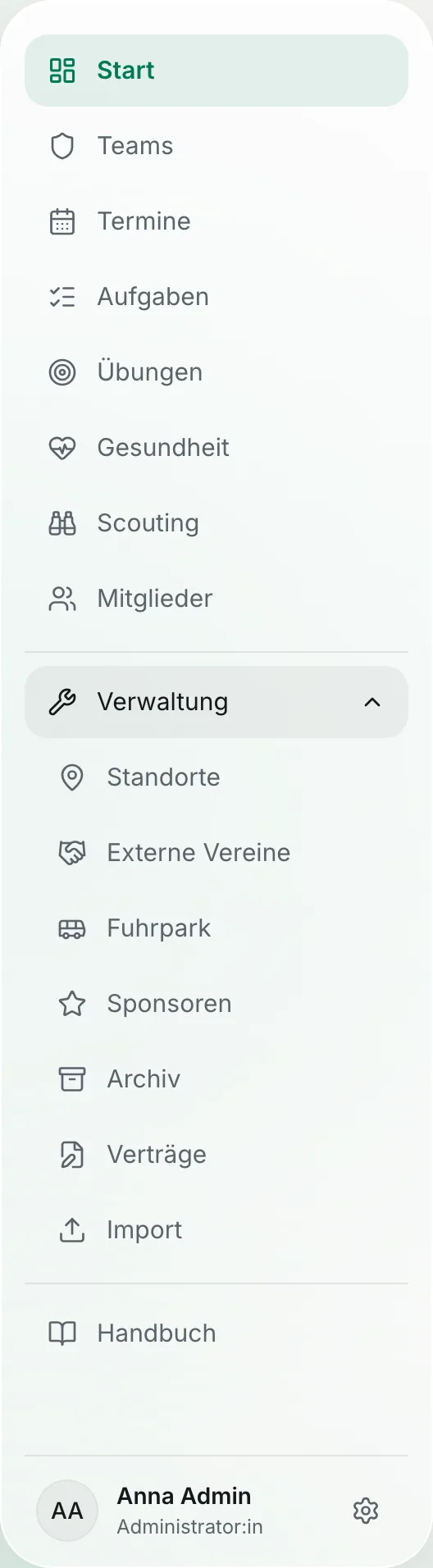 Seitenleiste eines Admins mit aufgeklappter Gruppe „Verwaltung“