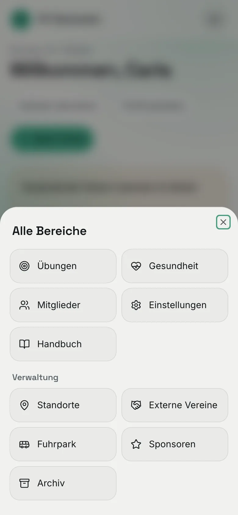 Geöffnetes Fenster „Alle Bereiche“ am Handy als Trainerin mit weiteren Bereichen und der Gruppe „Verwaltung“