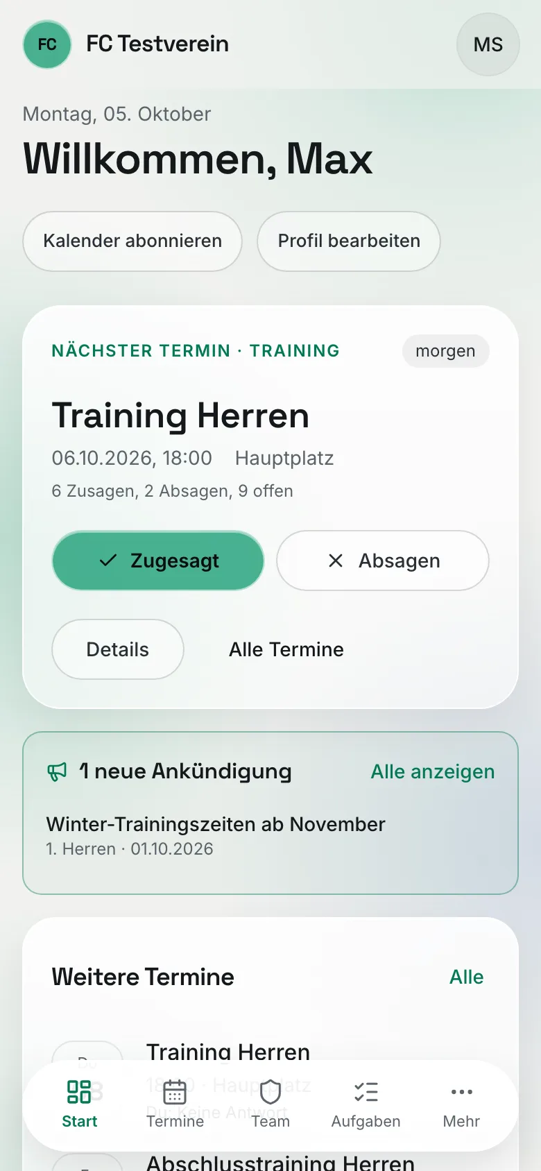 Startseite am Handy als Spieler mit der Tab-Leiste unten: Start, Termine, Team, Aufgaben, Mehr