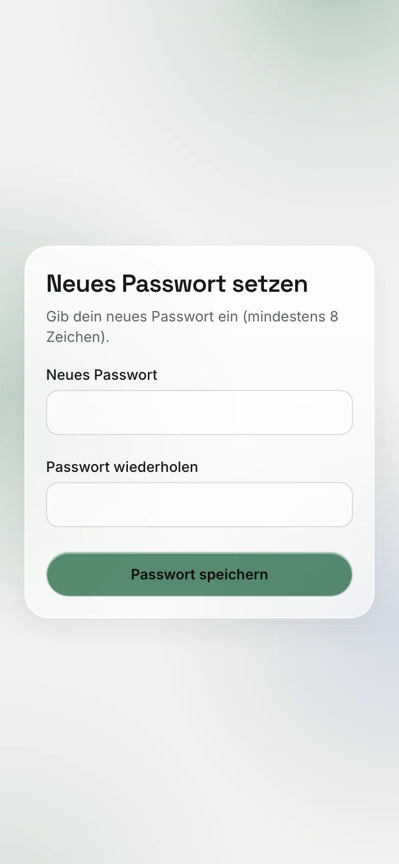 Seite „Neues Passwort setzen“ am Handy mit dem Button „Passwort speichern“