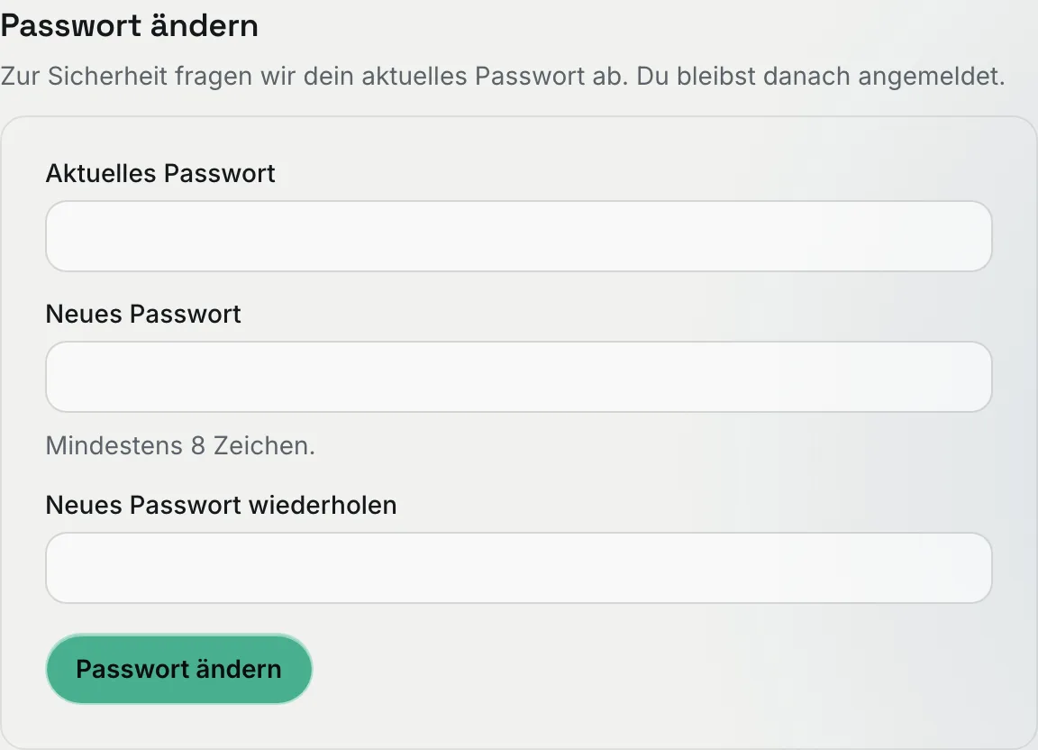 Abschnitt „Passwort ändern“ mit den Feldern Aktuelles Passwort, Neues Passwort und Neues Passwort wiederholen
