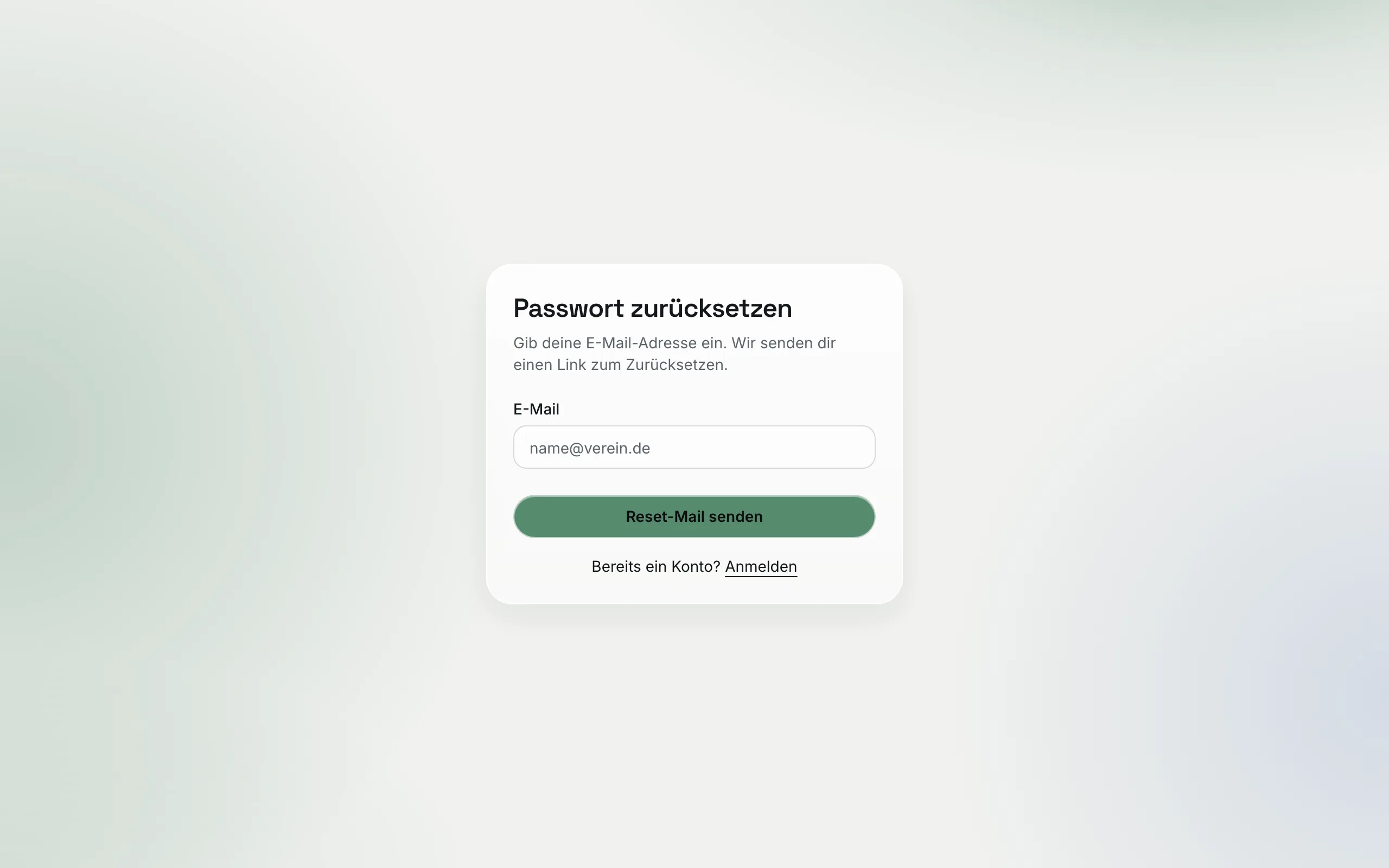Seite „Passwort zurücksetzen“ mit E-Mail-Feld und dem Button „Reset-Mail senden“