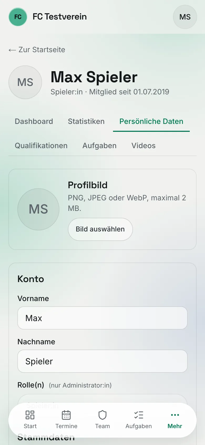 Mitgliederprofil am Handy im Reiter „Persönliche Daten“ mit dem Kasten „Profilbild“ und dem Button „Bild auswählen“