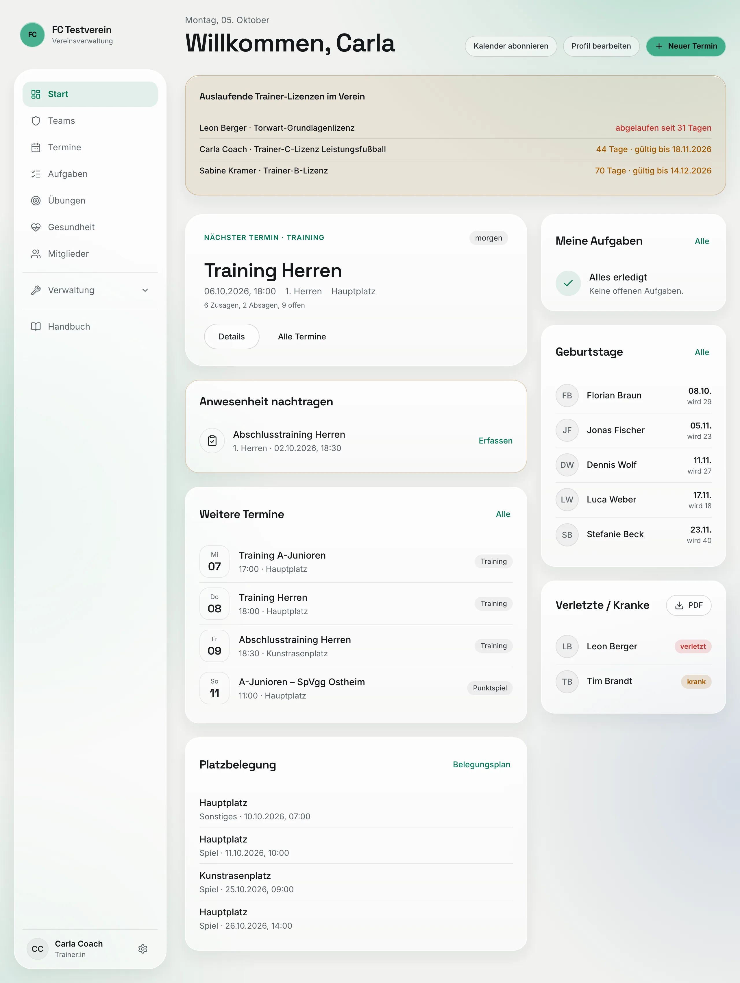 Startseite von ClubFlow aus Sicht einer Trainerin: Begrüßung, nächste Termine und Navigation links