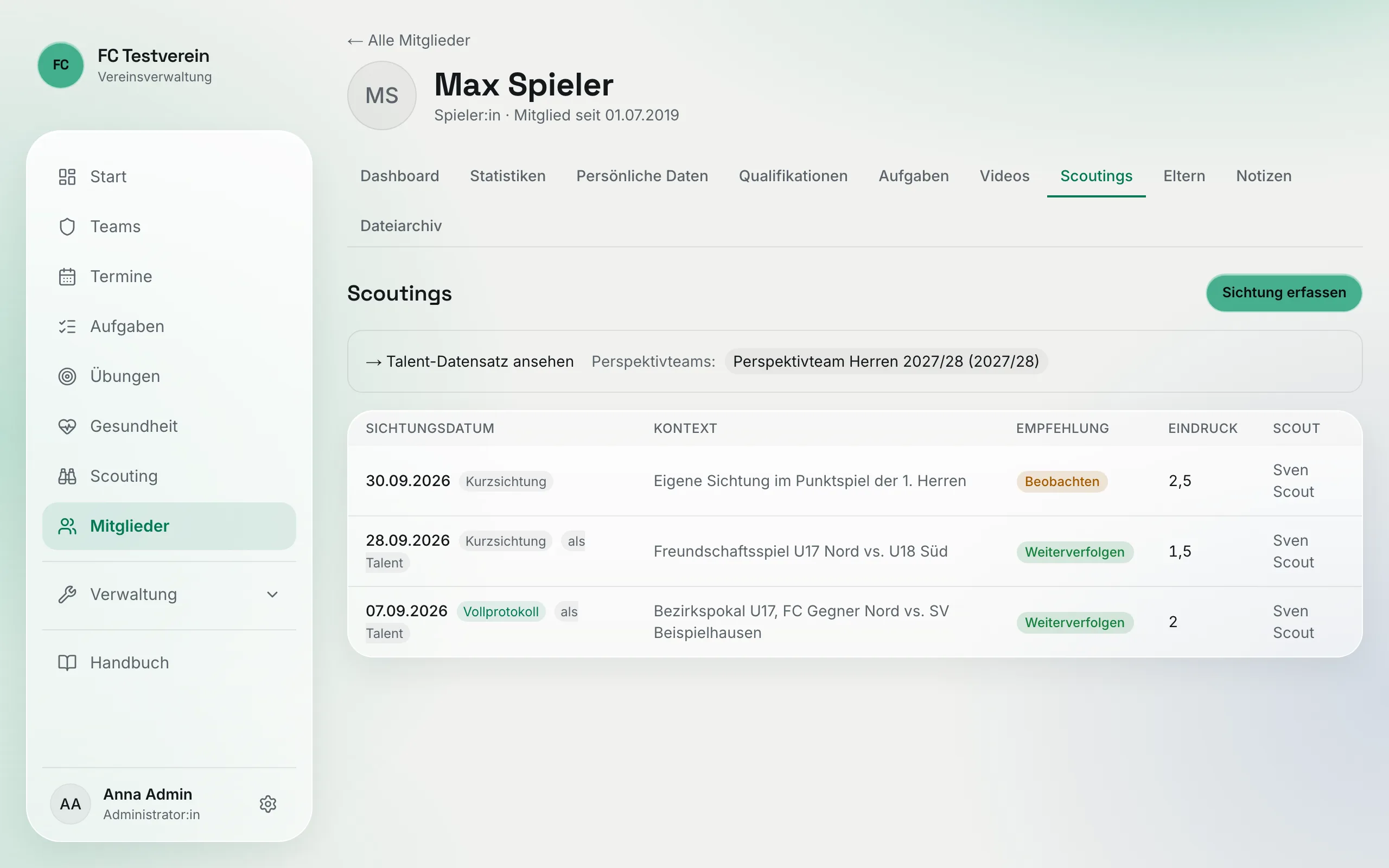Reiter „Scoutings" im Profil von Max Spieler: Link zum Talent-Datensatz, Perspektivteams und drei Sichtungen, zwei davon „als Talent"