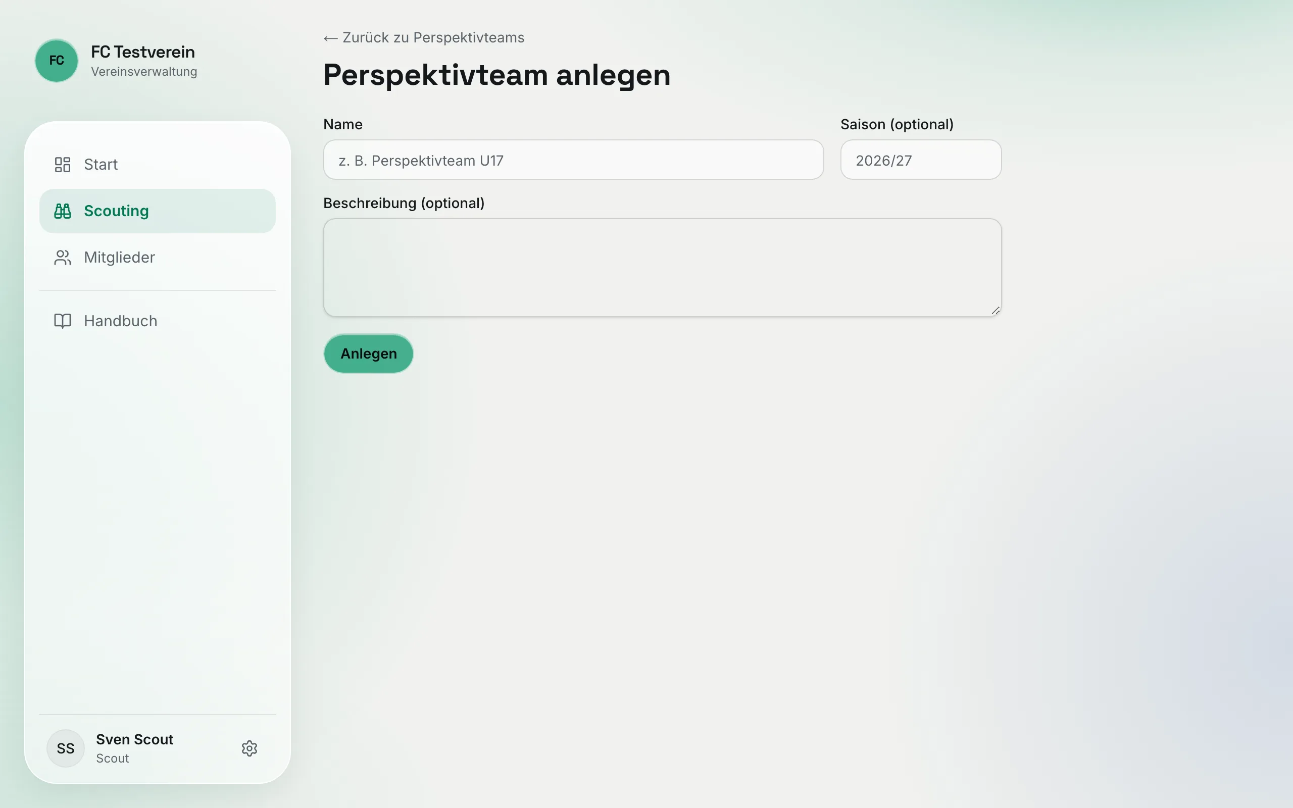 Formular „Perspektivteam anlegen" mit Name, Saison (optional) und Beschreibung (optional)