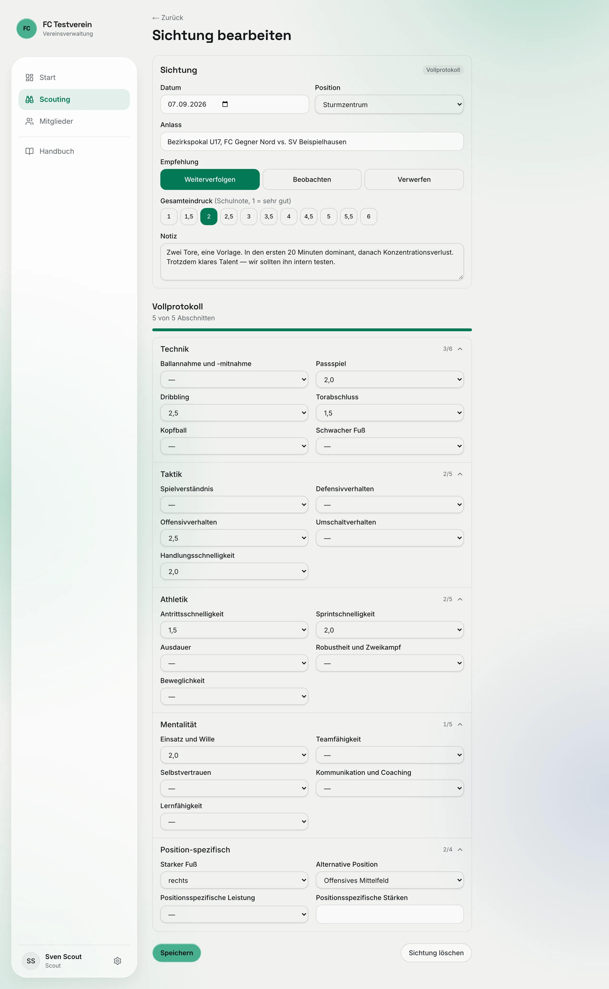 Sichtung bearbeiten: Vollprotokoll mit „5 von 5 Abschnitten", Buttons „Speichern" und „Sichtung löschen"