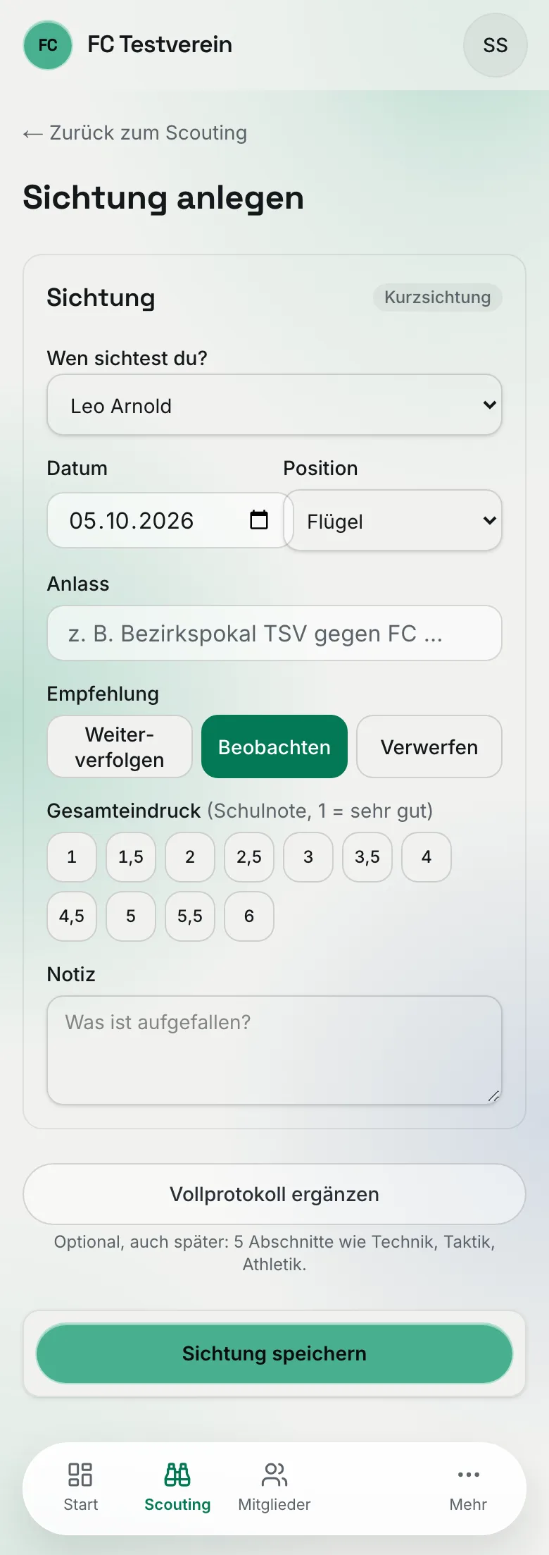 Kurzsichtung auf dem Handy: Wen sichtest du?, Datum, Position, Anlass, Empfehlung, Gesamteindruck, Notiz