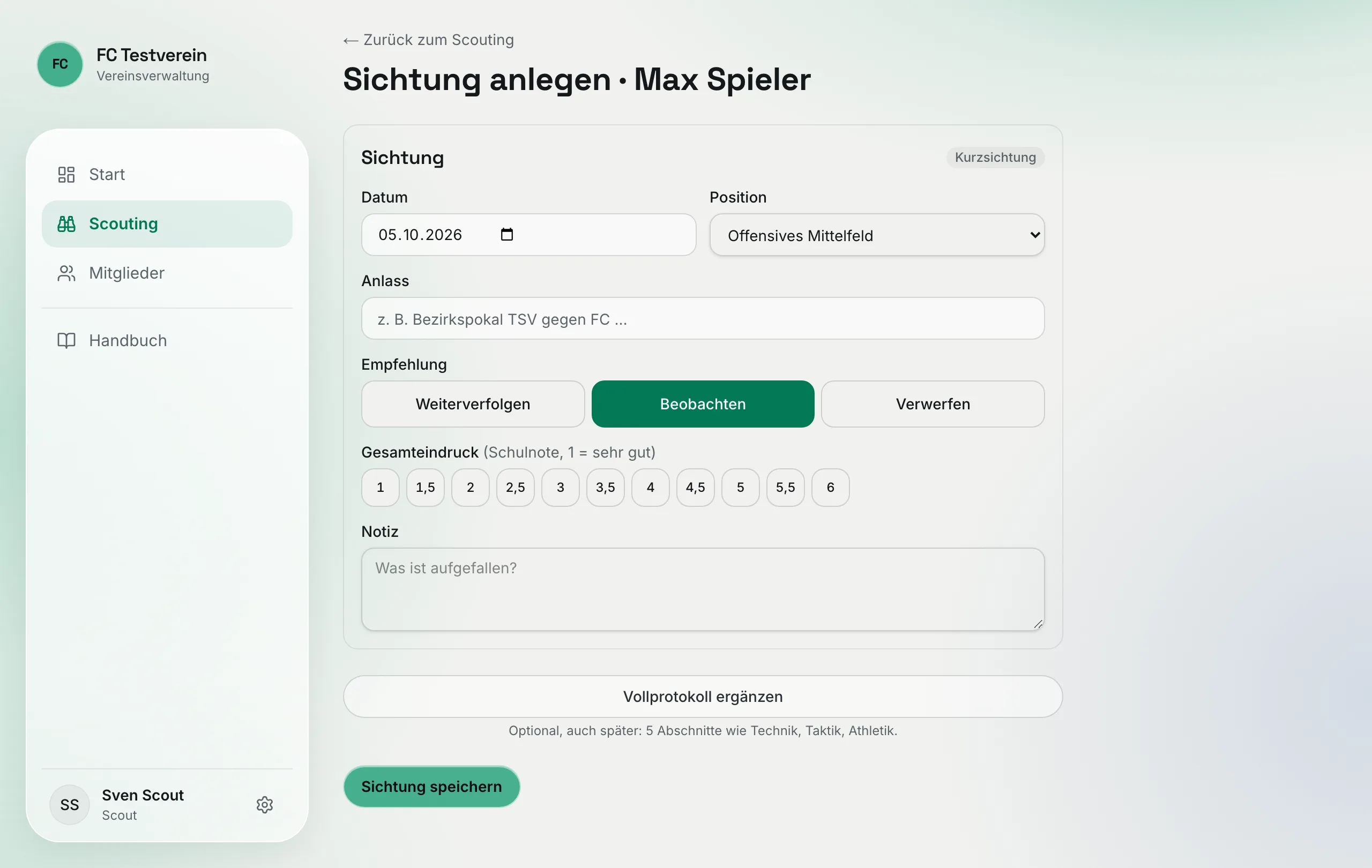 Sichtung für das Mitglied Max Spieler, Position aus dem Profil vorbelegt