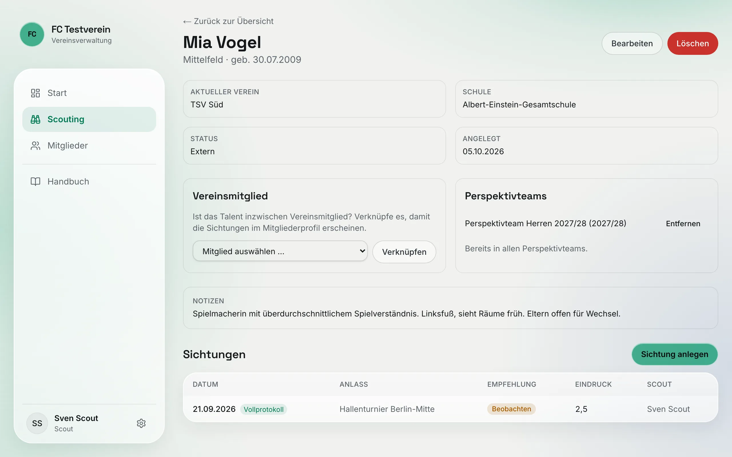 Abschnitt „Vereinsmitglied" mit Auswahlfeld und Button „Verknüpfen"