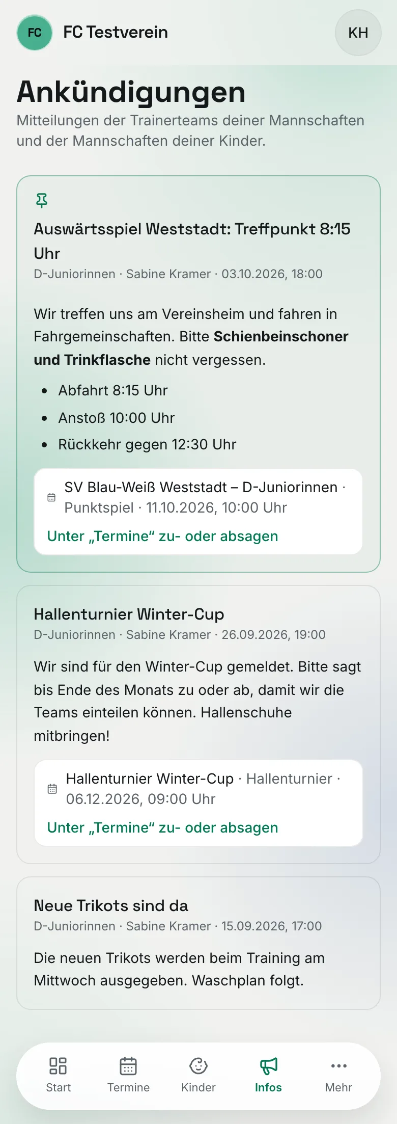 Die Seite „Ankündigungen" auf dem Handy: oben die angepinnte Ankündigung mit Termin-Bezug, darunter ältere Ankündigungen