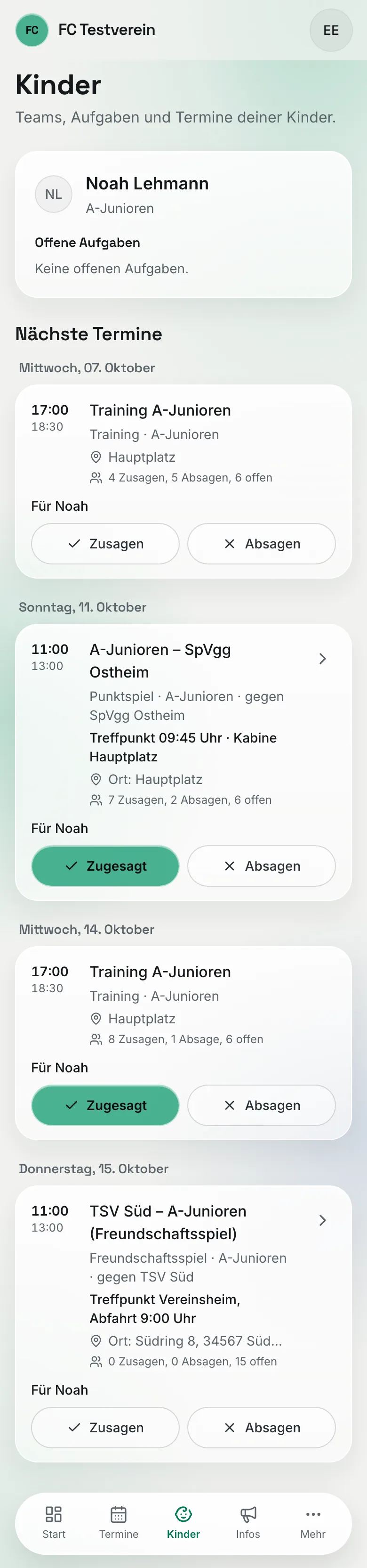 Die Seite „Kinder" auf dem Handy: Karte mit Name, Team und offenen Aufgaben, darunter die nächsten Termine mit Zusage-Buttons