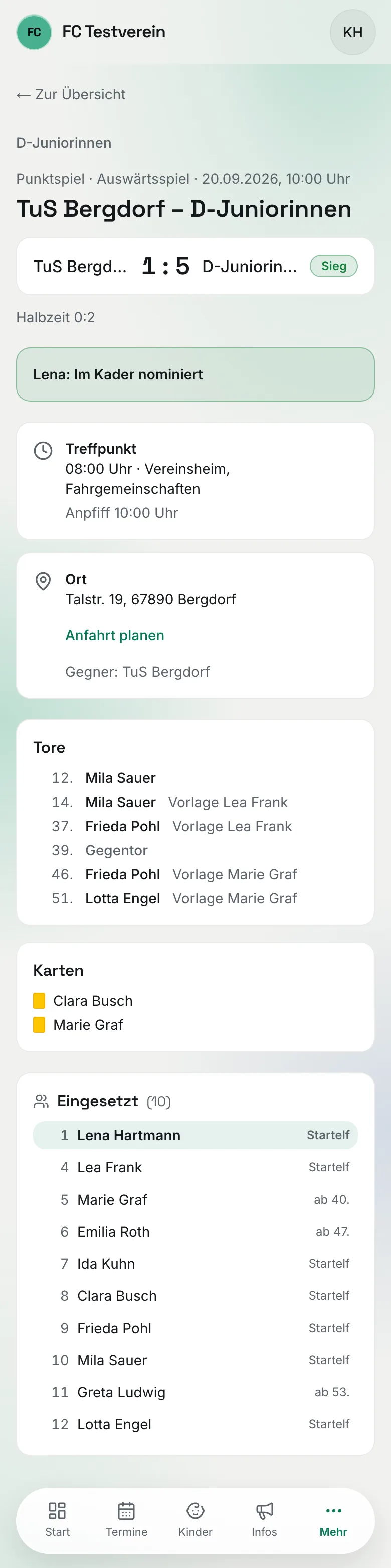 Spieltag aus Elternsicht nach dem Spiel: Ergebnis, Tore und die Liste „Eingesetzt" mit hervorgehobenem Kind