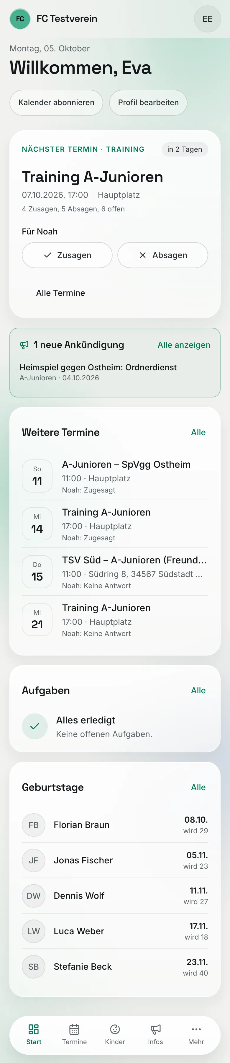 Die Start-Seite eines anderen Elternteils (Kind bei den A-Junioren)