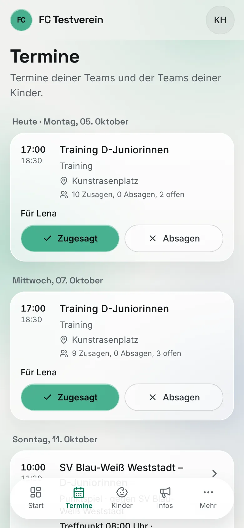 Die Terminliste eines Elternteils: Termine der D-Juniorinnen mit „Für Lena" und Zusage-Buttons